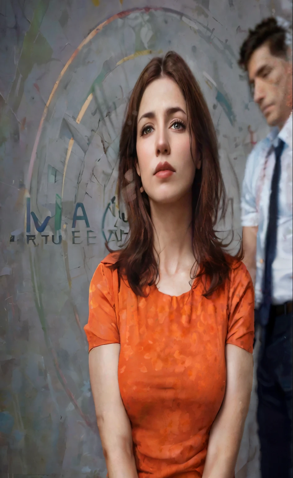 Hay una mujer parada junto a un hombre con corbata, promotion still, arte promocional, tiro promocional, persona en primer plano, tiro promocional, foto publicitaria, foto promocional, John shouted, hombre y mujer, Conflicto emocional, foto de perfil, maxim sukharev, anna nikonova, arte promocional, muchacha atractiva, luciendo triste, production still