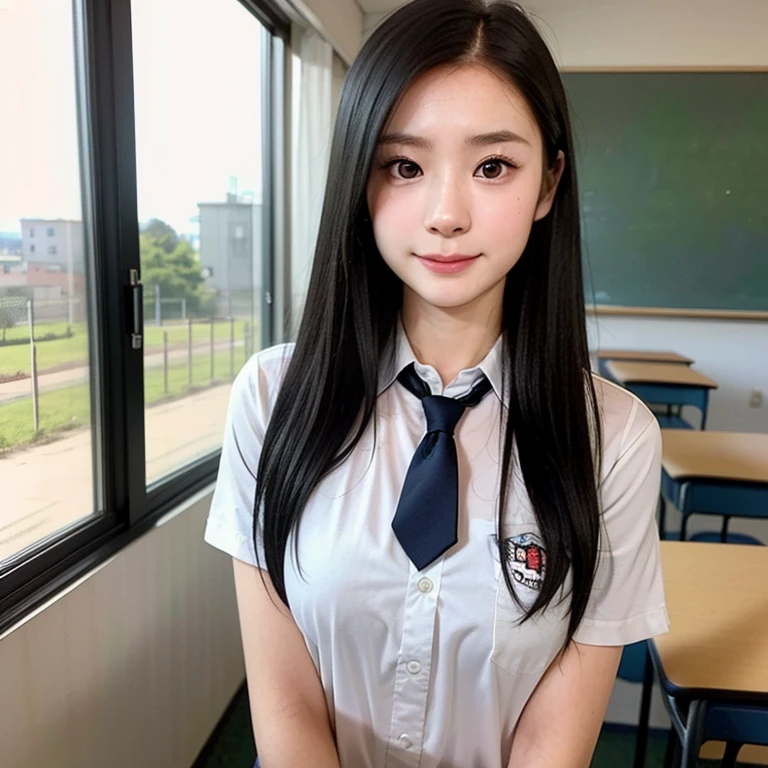 (kawaii 24 year-old Japanese girl, Nogizaka idol, Korean idol), (glossy black hair, seductive hair style:1.3), (extra rounded face, single eyelid, no makeup, soft smiling:1.2), (wearing Japanese school uniforms, collared shirt, necktie:1.3), (well shaped extra small breasts), (looking at viewer:1.2), BREAK, (classroom background, standing by the window:1.3), (dynamic angle, face focus:1.3), BREAK, (masterpiece, best quality, photo realistic, official art:1.4), (UHD, 8K quality wallpaper, high resolution, raw photo, film grain:1.2), (shiny skin), professional lighting, physically based rendering, award winning, (perfect anatomy, highly detailed skin textures, extremely detailed face and eyes, well drawn glittering pupils), Carl Zeiss 85 mm F/1.4, depth of field, 1girl, solo,