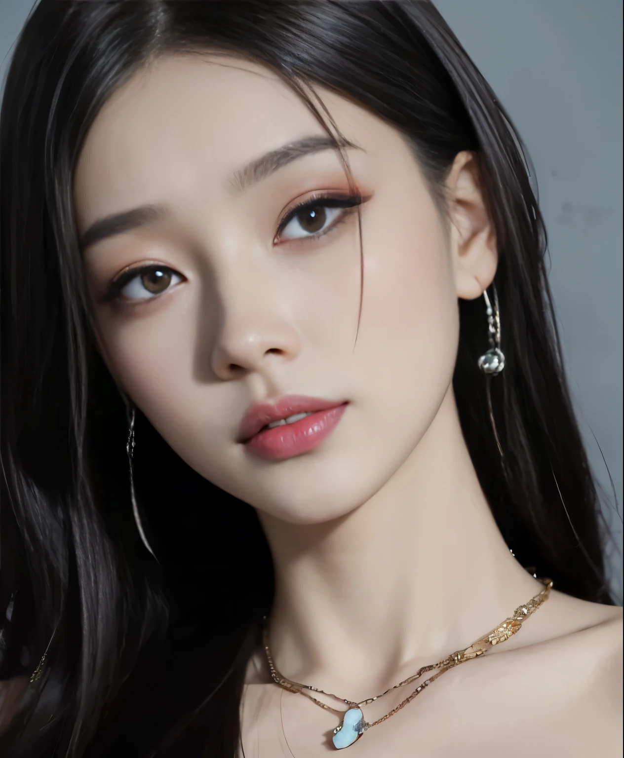 Close-up of a long-haired woman wearing a necklace and earrings, actual artstyle, photoactual!!!!!!! Art style, guweiz style artwork, [ 4k digital art ]!!, actual Art style, 8K Digital, realism art style, actual anime 3 d style, actual. cheng yi, anime realism style, inspired by Yanjun Cheng