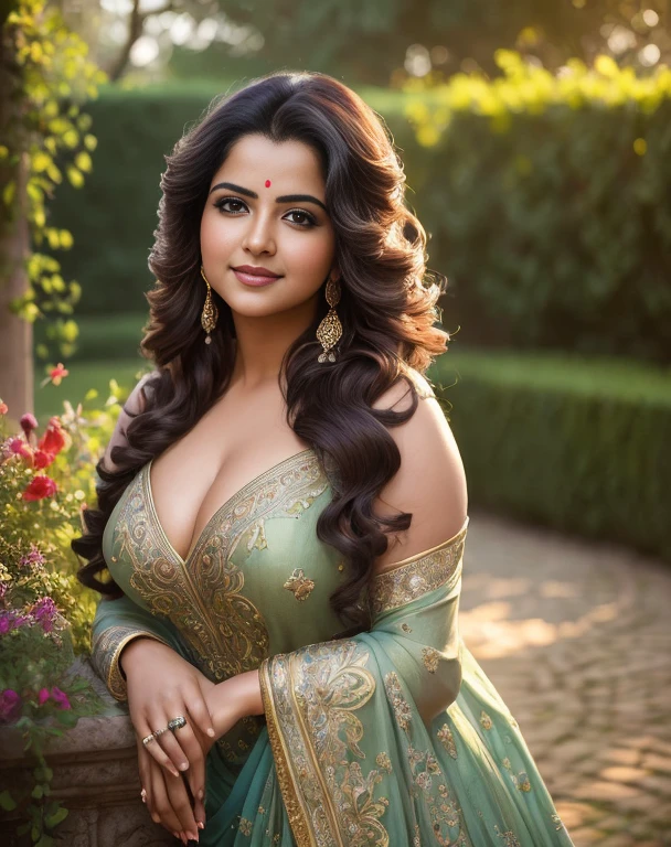 (masterpiece portrait photography:1.4) of a alluring sexy curvy tall supermodel Divya Bharti, posing in a garden , wearing beautiful, wearing ornate 2 piece, ornate venetian garden, heels, arms over head, armpits, (big flowing backlit hair), vivacious, lustful glance, exhilarated (captivating kohl lined eyes:1.1) , (seductive smile:1.3) soft dramatic lighting, falling leaves and flowers bokeh, key lighting backlit, light rays, highly detailed, trending on artstation, paint splashes, rich colour, wind all around, abstract portrait, by Ron hicks, proper eyes, proper face