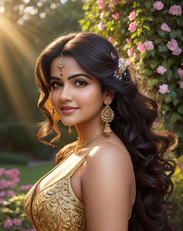 (masterpiece portrait photography:1.4) of a  alluring sexy curvy tall supermodel Divya Bharti, posing in a garden , wearing beautiful, wearing ornate 2 piece, ornate venetian garden, heels, arms over head, armpits, (big flowing backlit hair), vivacious, lustful glance, exhilarated (captivating kohl lined eyes:1.1) , (seductive smile:1.3) soft dramatic lighting, falling leaves and flowers bokeh, key lighting backlit, light rays, highly detailed, trending on artstation, paint splashes, rich colour, wind all around, abstract portrait, by Ron hicks, proper eyes, proper face 
