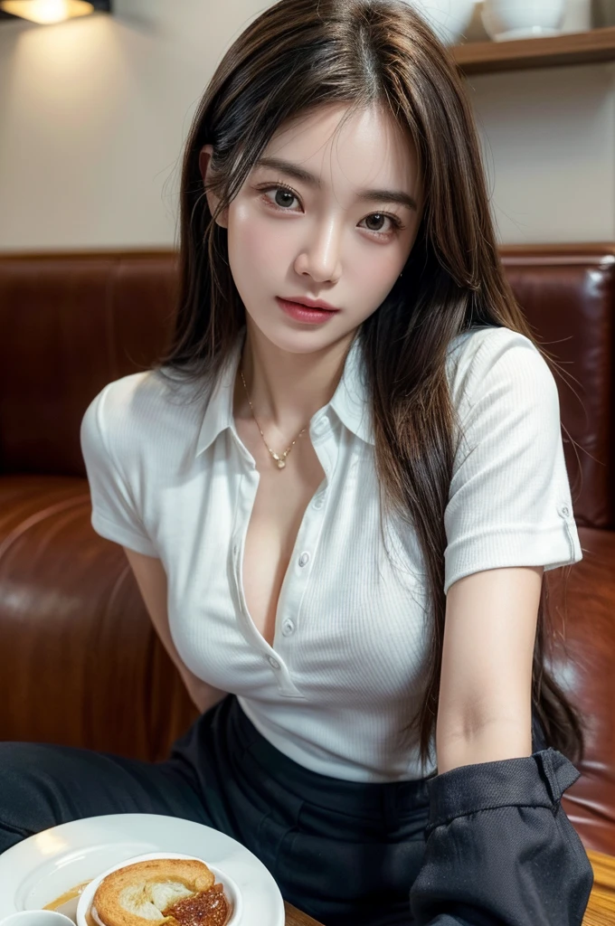 table top, highest quality, realistic, Super detailed, finely, High resolution, 8k wallpaper, 1 beautiful woman, A big chest that looks comfortable to sleep on、In casual business attire, at the cafe, messy hair, perfect dynamic composition, finelyて美しい目、(((超highest quality, masterpiece))), (((very detailed)))