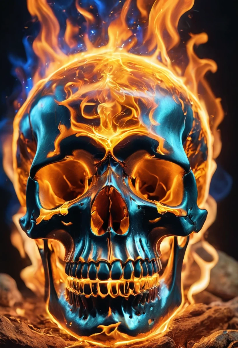 obra prima, melhor qualidade, art-station, 1 Extremely detailed skull on fire, perfeitos dentes de marfim, perfectly proportions, anatomicamente perfeito, ultra realista, fundo preto, galaxy, infinitos olhos azuis em chamas, cravejado de pequenos detalhes em ouro e joias, 8k, Realismo, brilhante, luminescente, iridescente, hyper detailed vibrant cinematic, environment occlusion, chromatic aberration.