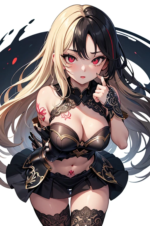 1girl, anime, cute girl, blank background, white background, fantasy, detailed fantasy dress with highlights, beautiful face, beautiful eyes, dark colors, black hair with multicolor streaks, red eye with different color pupil in eye, multicolor eye, medium small breasts (slightly big), slight cleavage, beautiful skin, cute, breast curtains, extremely delicate and beautiful, (beautiful detailed face:1.0), (detailed deep eyes), symmetrical breasts, deep eyes, shiny skin, portrait, slender waist, hips wider than shoulders, thighs, expressionless, young girl, luminous eyes, adorable,(Kpop idol),(aegyo sal:1),(Platinum blonde hair:1),((puffy eye)),Black panty,sexy posture,Superskirt, ultra high resolution,Black collar,slim figure, Abdominal y tattoo, womb tattoo,Tight-fitting leg ring,y tattoo on half-body,Bare skin, Armored hand,Hidden fingertips,Hand covered,Arm covered,Fist covered,{{beautiful detailed fingers}}, tufts of hair, moderate beautiful breast:1.0,(masterpiece:1.2), best quality, high-res, HDR, perfect face, intricate armor, delicate blue filigree, intricate filigree, red metalic parts, detailed part, dynamic pose, dynamic lights,