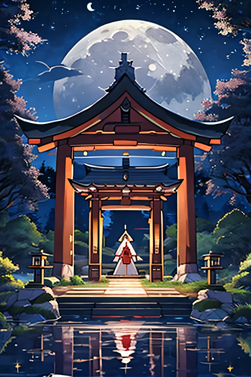 Moonlit night lake scene、A shrine maiden is praying to the moon with her hands together、beautiful art illustration、clean your hands