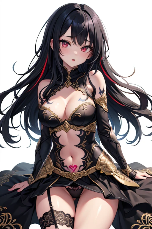 1girl, anime, cute girl, blank background, white background, fantasy, detailed fantasy dress with highlights, beautiful face, beautiful eyes, dark colors, black hair with multicolor streaks, red eye with different color pupil in eye, multicolor eye, medium small breasts (slightly big), slight cleavage, beautiful skin, cute, breast curtains, extremely delicate and beautiful, (beautiful detailed face:1.0), (detailed deep eyes), symmetrical breasts, deep eyes, shiny skin, portrait, slender waist, hips wider than shoulders, thighs, expressionless, young girl, luminous eyes, adorable,(Kpop idol),(aegyo sal:1),(Platinum blonde hair:1),((puffy eye)),Black panty,sexy posture,Superskirt, ultra high resolution,Black collar,slim figure, Abdominal y tattoo, womb tattoo,Tight-fitting leg ring,y tattoo on half-body,Bare skin, Armored hand,Hidden fingertips,Hand covered,Arm covered,Fist covered,{{beautiful detailed fingers}}, tufts of hair, moderate beautiful breast:1.0,(masterpiece:1.2), best quality, high-res, HDR, perfect face, intricate armor, delicate blue filigree, intricate filigree, red metalic parts, detailed part, dynamic pose, dynamic lights,