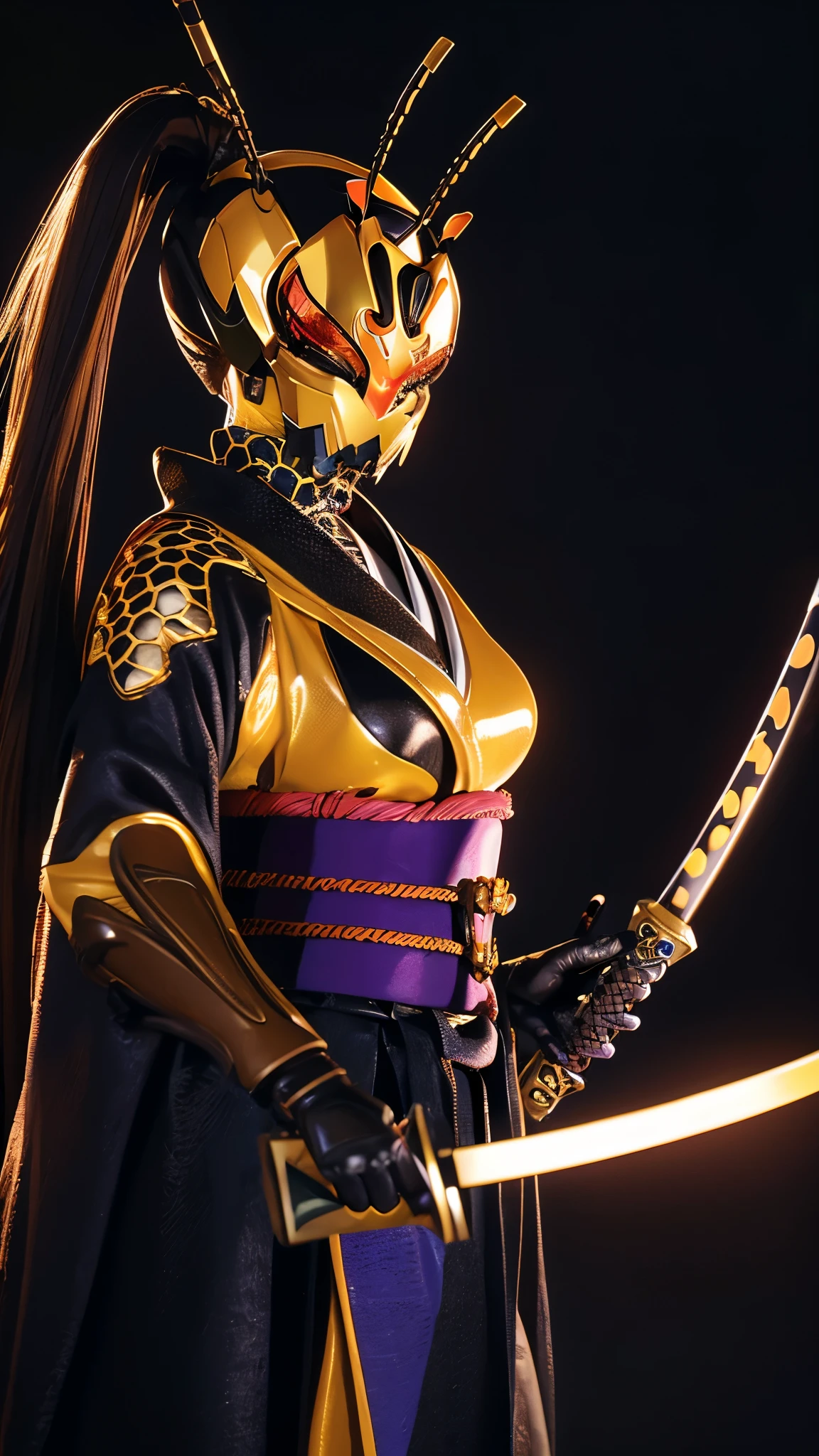 (best quality,4k,8k,highres,masterpiece:1.2),ultra-detailed,realistic, portrait, vibrant colors, dramatic lighting, female figure, seductive expression, voluptuous curves, flowing hair, intricate details, shiny armor, warrior, queen bee, fierce stance, HachiAugment01
kimono, obi, twintails, honeycomb bodysuit, long gloves, boots,
robe
Hornet helmet, light-up eyes,
katana
