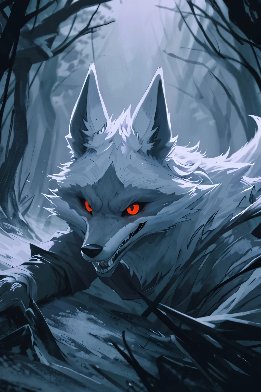 A terrifying fox with nine cursed, rune-entwined tails emanated a malevolent aura as it lurked in the shadows. Its eyes, deep and dark with a sinister red glow, seemed to consume all light and hope, casting an eerie sight upon the forbidden land. The creature's mouth was split to its ears, revealing sharp teeth ready to tear into its next victim. Its breath left the air with a chilling cold, sending shivers down the spine of any being daring enough to approach. The fox partially hid in a mist of its own making, a thick, oppressive fog filled with fear and the despair of its past victims. The forbidden land