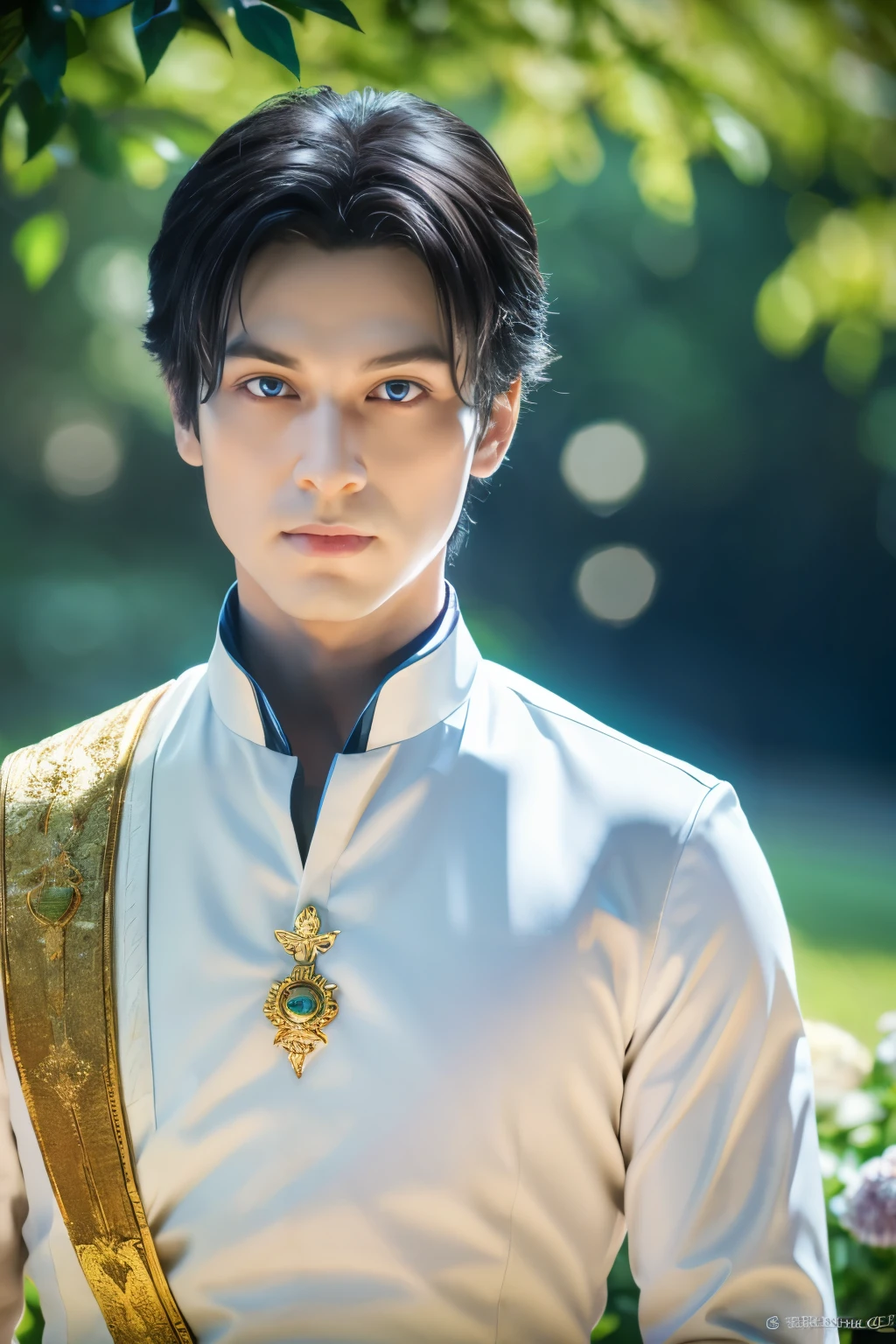 (tmasterpiece, high resolution, ultra - detailed:1.0), (1boy, adult male), Perfect male body,Eyes look at the camera, (prince:1.3), Delicate eyes and delicate face, Extremely detailed CG, Unity 8k wallpaper, Complicated details, solo person, Detailed face, (White royal costume, with short golden hair, Blue eyes, Sad expression), Outdoor, sonoko, Flowers and trees, marbled columns, color difference, Depth of field, dramatic shadow, Ray tracing, Best quality, Portrait