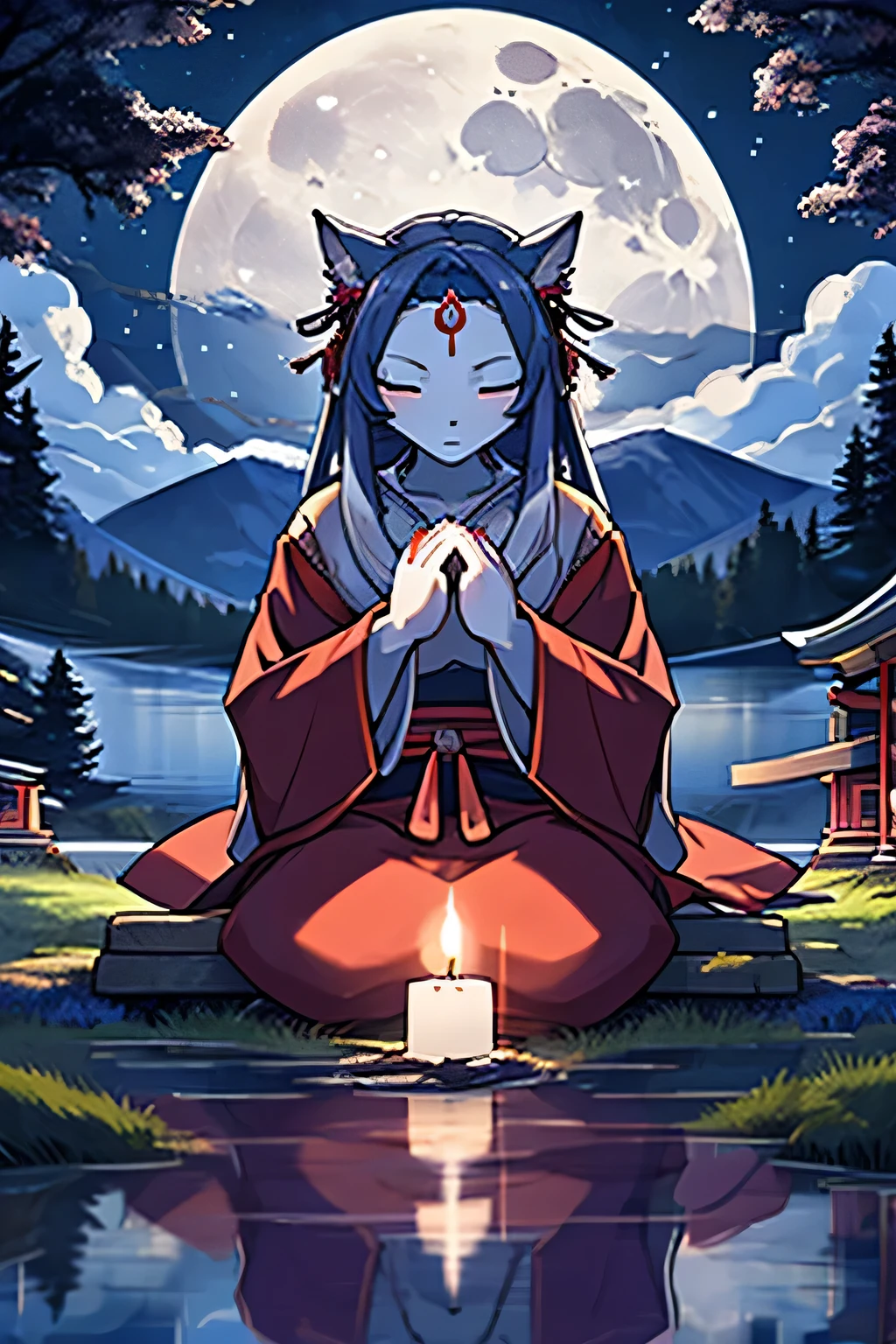 Moonlit night lake scene、A shrine maiden is praying to the moon with her hands together、beautiful art illustration、clean your hands