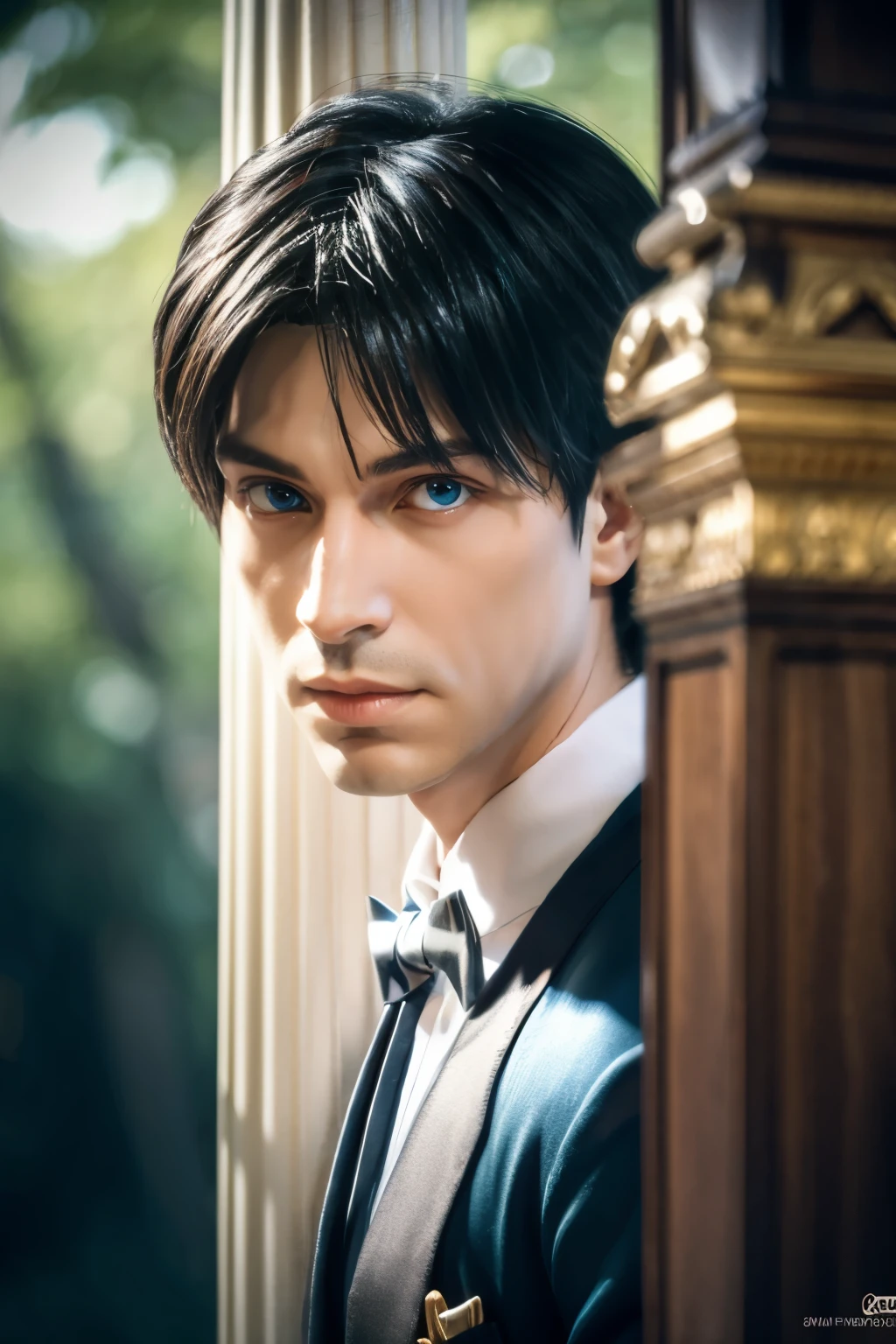 (tmasterpiece, high resolution, ultra - detailed:1.0), (1boy, adult male), Perfect male body,Eyes look at the camera, (prince:1.3), Delicate eyes and delicate face, Extremely detailed CG, Unity 8k wallpaper, Complicated details, solo person, Detailed face, (White royal costume, with short golden hair, Blue eyes, Sad expression), Outdoor, sonoko, Flowers and trees, marbled columns, color difference, Depth of field, dramatic shadow, Ray tracing, Best quality, Portrait