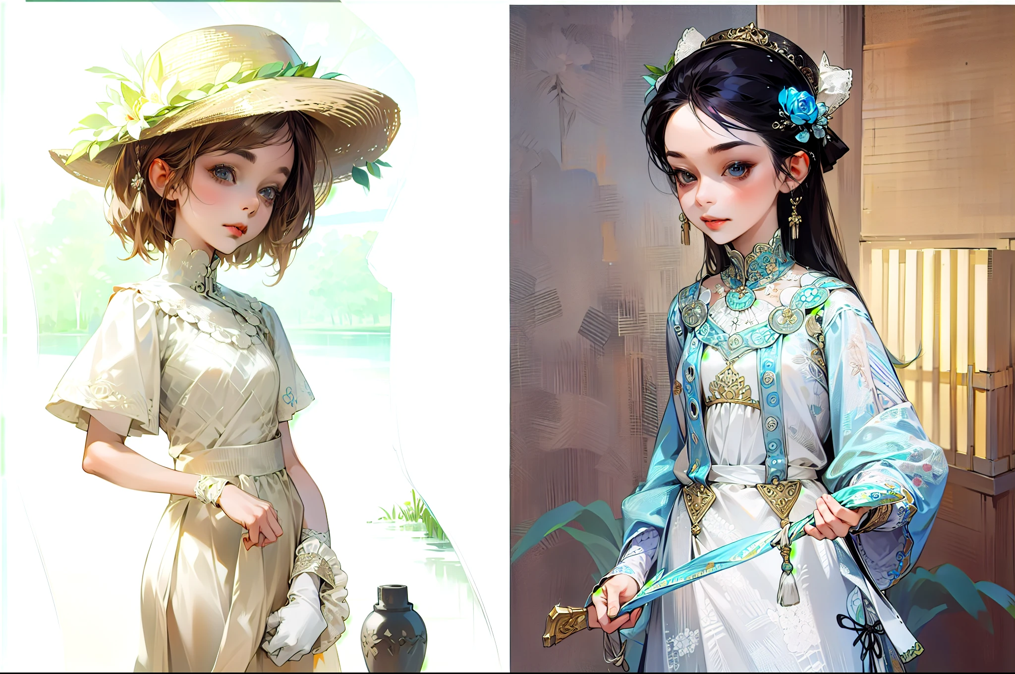 There are two photos of women wearing skirts and hats,,Very detailed,, two different roles，looking into camera