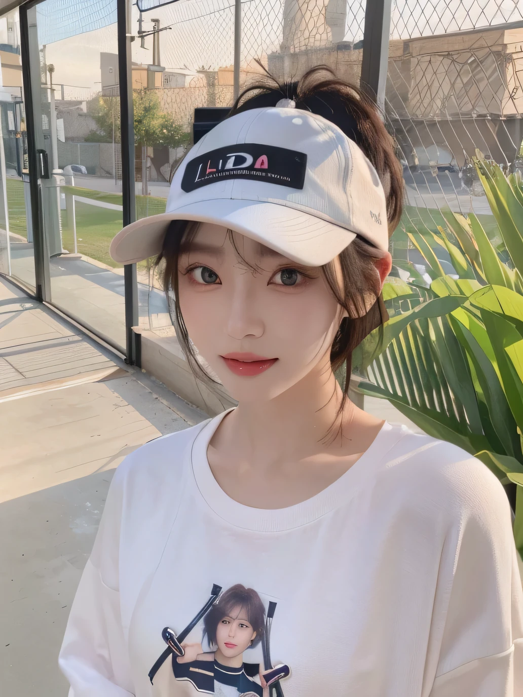 Best image quality、original photo、ultra high resolution、21 years old Korean、small breasts、dynamic angle、Cowboy shooting、The most beautiful form of chaos、elegant、Innovative design、bright colors、,light brown short hair、disheveled hair、light brown eyes 、black baseball cap(Facial expressionSmile)、short bob、Smile、Fair and shiny skin、beautiful eyes,random colors、The details are very beautiful、thin lips、Delicate beautiful eyes、elongated eyes、pale pink cheeks、long eyelashes、beautiful double eyelids、eye shadow、he、White Large T-shirt Sweatshirt、baggy pants、Shot from the side、sexy pose、enlarge