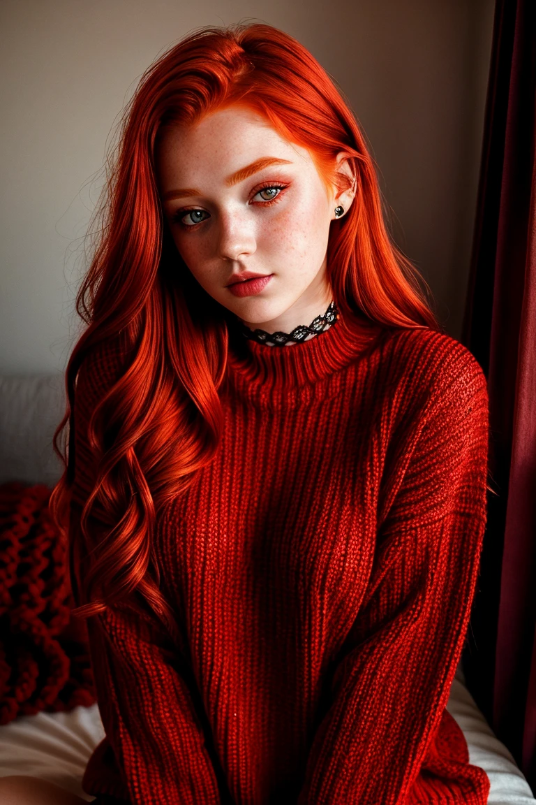 raw photo, (18yo redhead girl:1.2), makeup, rouge, neck lace choker, realistic skin texture, oversize knit jumper, red eyes, softcore, warm lighting, cosy atmosphere, Instagram style