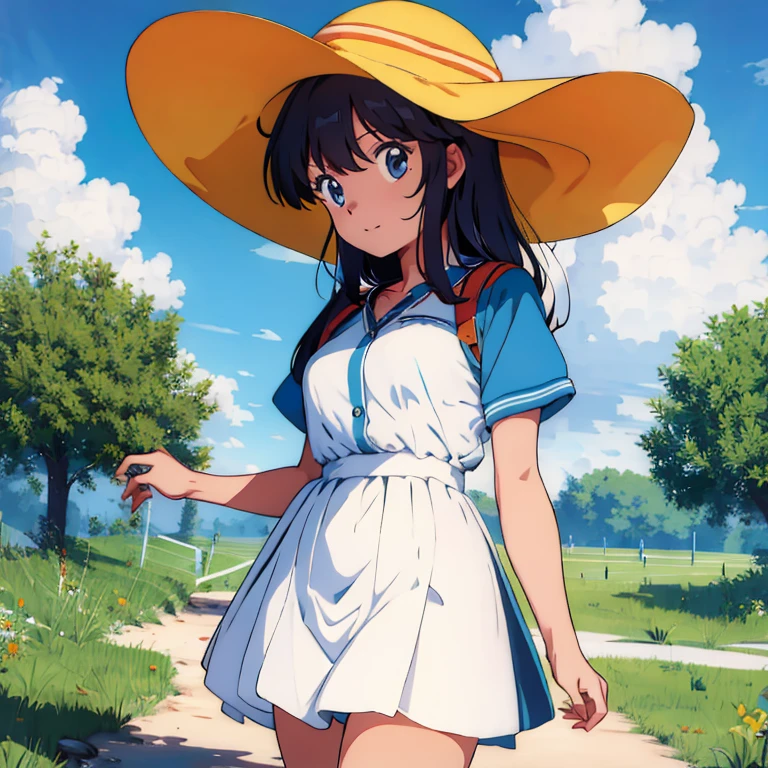(masterpiece), (highest quality), (1 girl), alone, perfect body, dress, sun hat, blue sky, cloud, big breasts, anime, 1980s style