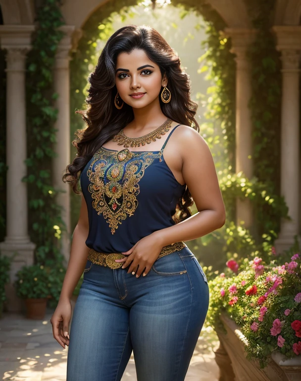 (masterpiece portrait photography:1.4) of a  alluring sexy curvy tall supermodel Divya Bharti, posing in a garden , wearing beautiful, wearing ornate top and jeans, ornate venetian garden, heels, arms over head, armpits, (big flowing backlit hair), vivacious, lustful glance, exhilarated (captivating kohl lined eyes:1.1) , (seductive smile:1.3) soft dramatic lighting, falling leaves and flowers bokeh, key lighting backlit, light rays, highly detailed, trending on artstation, paint splashes, rich colour, wind all around, abstract portrait, by Ron hicks, proper eyes, proper face 