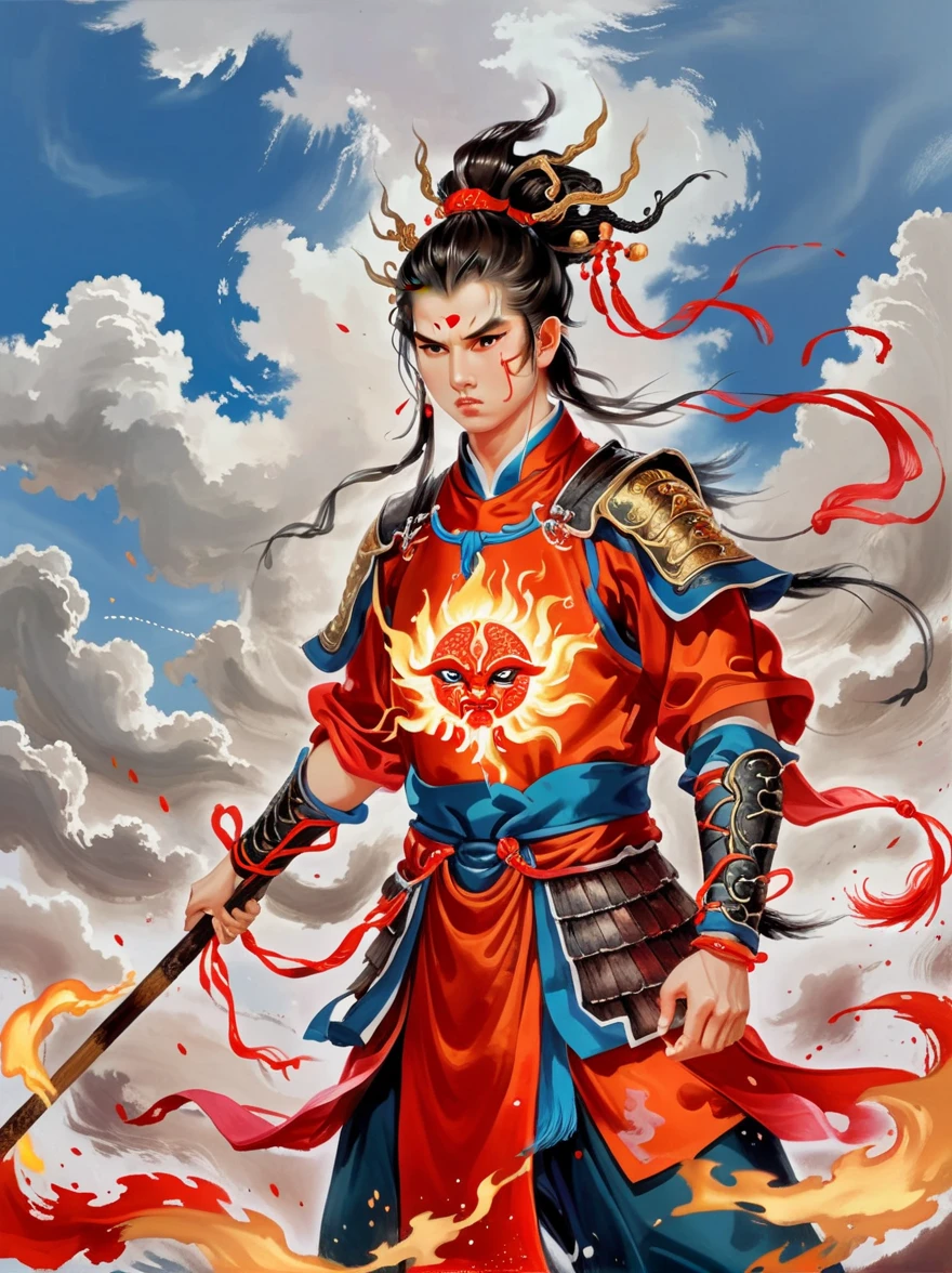 1 boy，Blood stained all over his face，anger，holding a spear，（fly），Chinese mythology，cloudy day，Meticulous skies，Abstract background，（Flame Surge Style：0.5），demonic third eye，hair scrunchie，with ponytail，wearing armor，Strong body，tall and big，Spear in hand，The body is suspended in the airst-person view, masterpiece, ccurate, anatomically correct, high details, best quality, 8k)