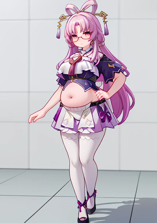 (masterpiece, best quality, highly detailed), 1girls, big belly, blurry background, huge belly, art by kipteitei, round belly, chubby, curvy, simple_background, gradient_background, belly grab, enormous belly, fat belly, thicc, bigger belly, really big belly, jiggly belly, shirt covering belly, belly cover by shirt, glasses, ((ta)), casual clothes, skirt, thighhighs, ((full body)), long hair