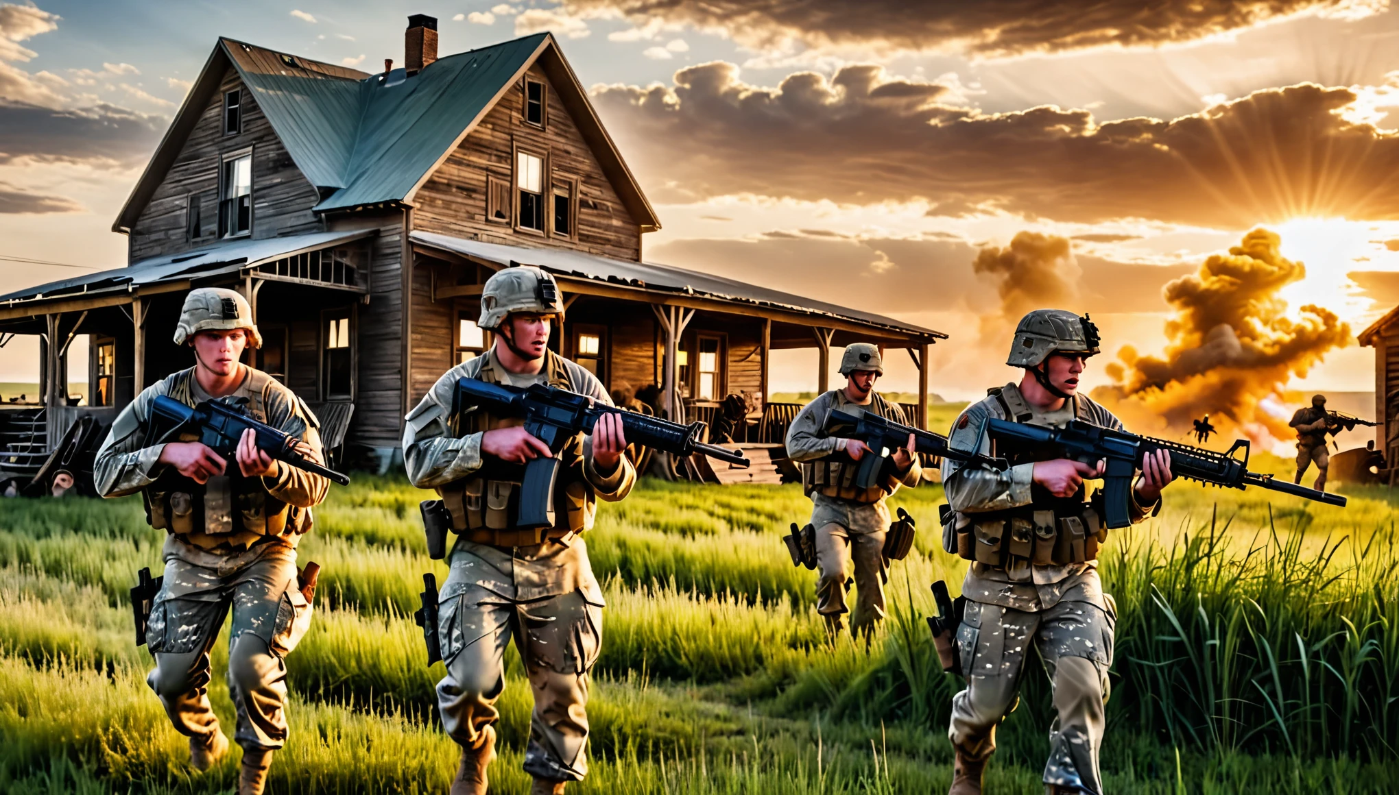 epic battle scene, north dakota backdrop, three us soldiers with assault rifles prepare to ambush inside the farmhouse, sunset, danger atmosphere 