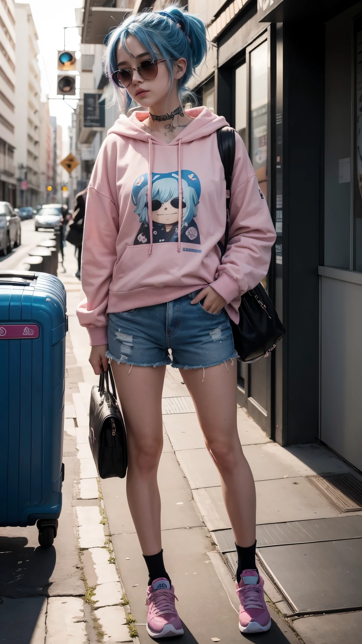 Chica, chica with blue hair usando una sudadera con capucha rosa and sunglasses, moda urbana, wearing ropa de calle ciberpunk, ropa de calle ciberpunk, usando una sudadera con capucha rosa, mujer en ropa de calle, ella lleva ropa de calle, ropa de calle, vistiendo una sudadera con capucha rosa pastel, chica con sudadera con capucha, estilo de arte de dibujos animados, estilo de dibujos animados, Beeple y Jeremías Ketner, pink iconic character, ropa de calle, ropa de calle
