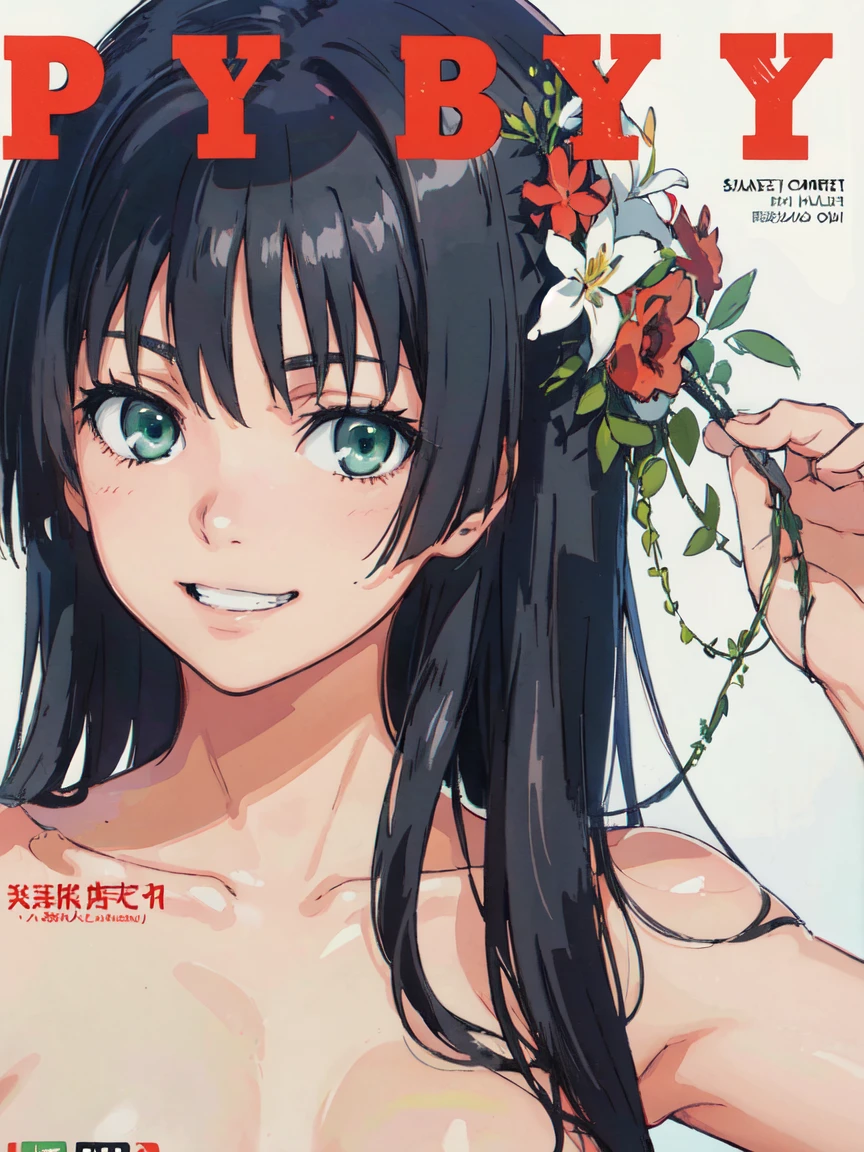 PlayboyCoverQuiron style, playboy cover, (High resolution:1.4), (masutepiece:1.2), (High quality:1.3) 1girl, saten ruiko, green eyes, long hair, black hair, small breast, grin