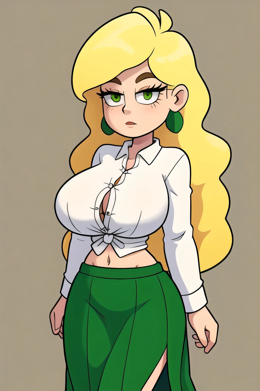 A tall beautiful girl, huge chest, wavy yellow hair, long green square eyes, dresses in a shirt with white buttons, a knot, unbuttoned, shows her navel and her long green skirt.
