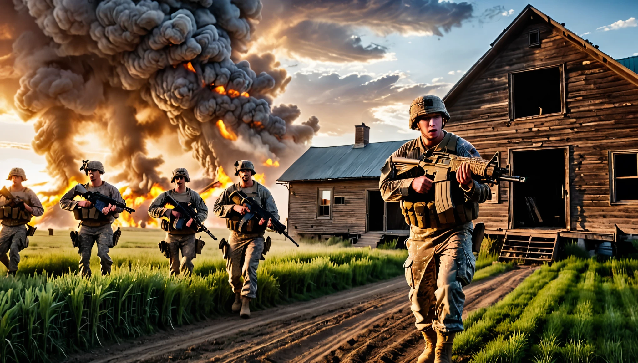 epic battle scene, north dakota backdrop, three us soldiers with assault rifles prepare to ambush inside the farmhouse, sunset, danger atmosphere 