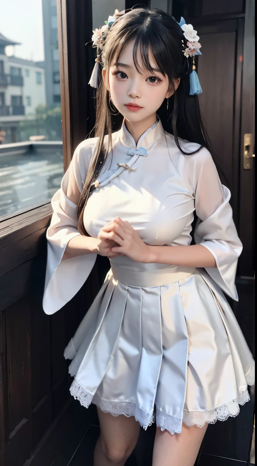 Wet body v- hanfu silk thin cloth. Master quality, highest quality, best picture quality, exaggerated details, a princess cute 8 year old asian with a shy expression, slightly squinted eyes, adjusting her hair, long eyelashes (long hair / very, very exaggerated big breasts, big / in hanfu pentticoat thin qipao dress, short skirt), posing in front of the camera, wet throught breast Petticoat