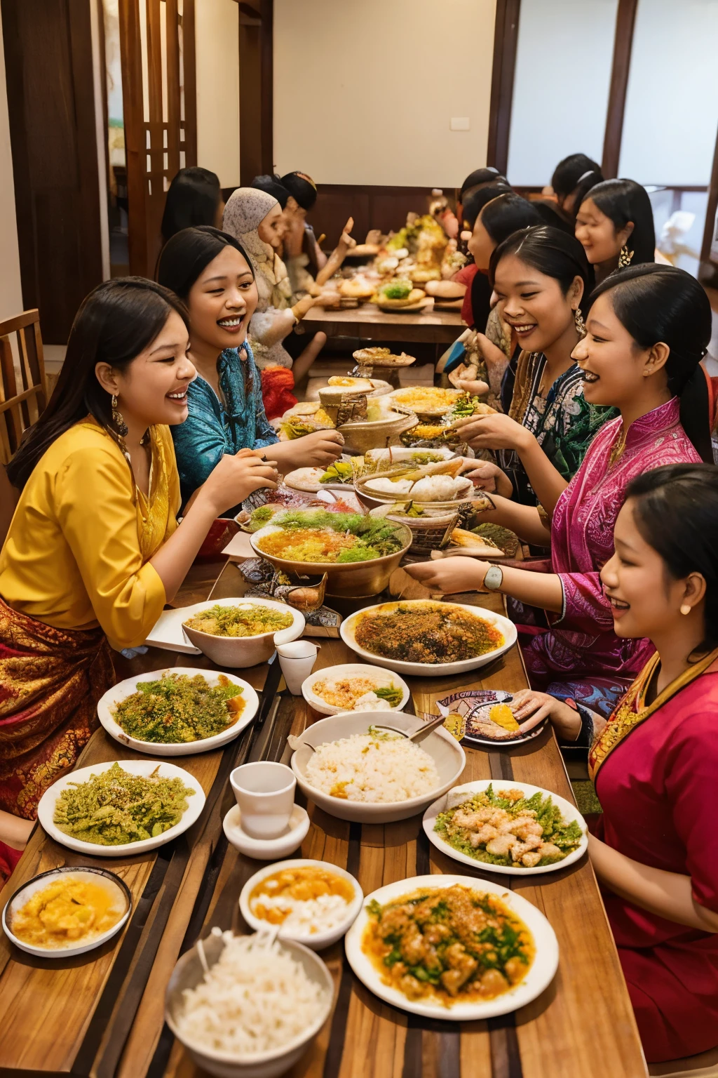 Malaysian Malay ladies and gentlemen gather together in joyous celebration, surrounded by abundant food and drinks laid out on the table. The women wear traditional attire, their batik prints vibrant against the warm glow of the room. Men don bold sarongs and baju melayus, their faces radiant with happiness.

Platters of delicious Malay dishes fill the table, their aromas wafting through the air. Steaming bowls of nasi lemak, fragrant rice cooked in coconut milk, rest next to spicy rendang curry, tender pieces of meat slow-cooked until melt-in-your-mouth softness. Plates of satay skewers