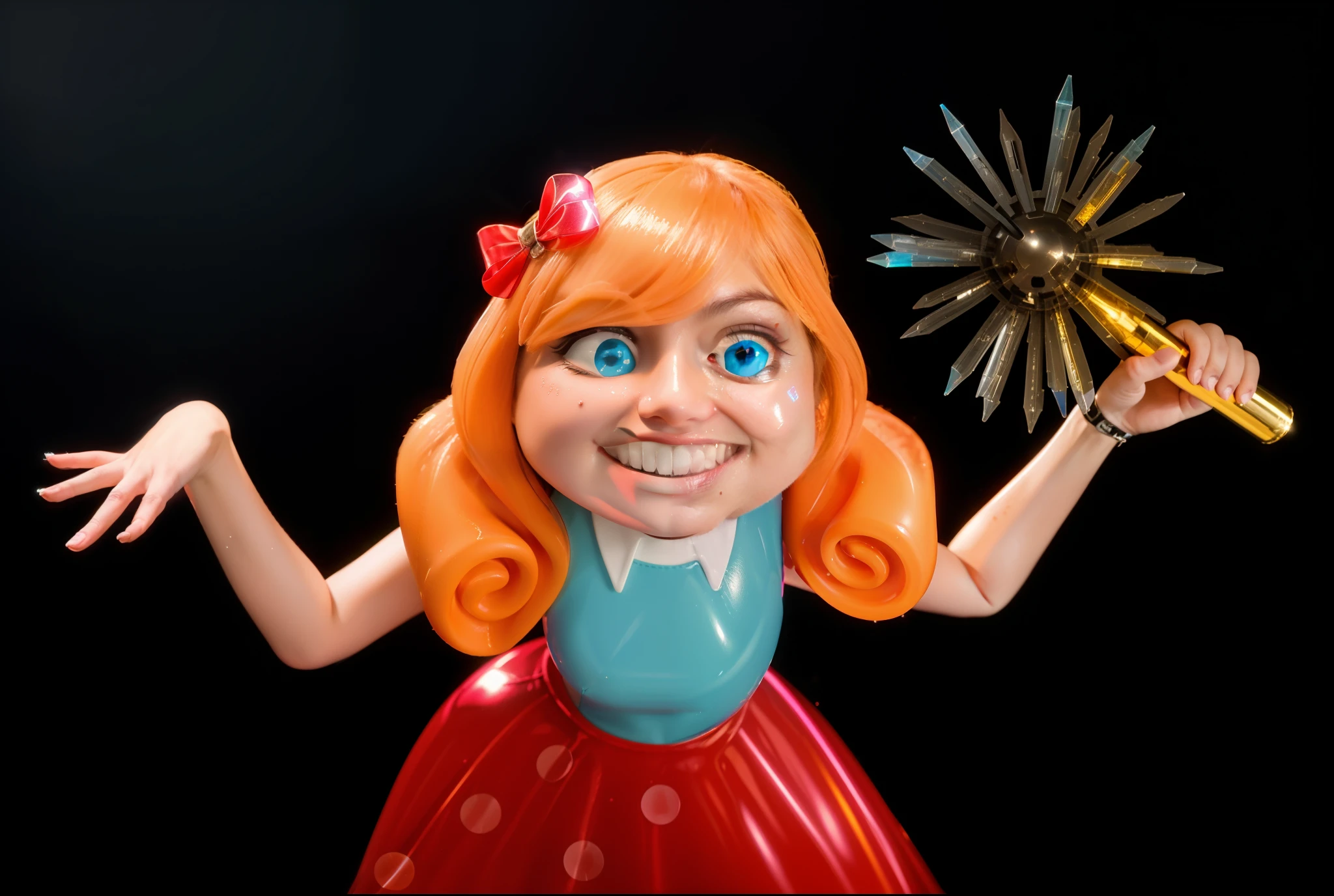 cartoon doll girl with a mace in her hand, doll, game character, videogame character, creepy doll, large creepy smile, doll with creepy smile and red eyes, insane, she ia holding death star mace in hand, doll toy, glossy texture, smooth 3d model, multiple light sources, rim light, sharp post effects render, (glossy plastic texture with multiple big light probe refractions), perfect cgi, smooth silhouette, high intensity refraction, (super glossy material), most beautiful vfx, blue background, plastic refractions, realistic, 4k, high resolution, rim light, she is flying, she is laying on the floor, photo shoot, commercial photo, profile shot, 4k, rim light, high resolution, 4k, glossy texture, smooth 3d model, multiple light sources, rim light, sharp post effects render, (glossy metallic texture with multiple big light probe refractions), perfect cgi, cgi art created only with gradients, smooth silhouette, high intensity refraction, (super glossy chrome material), most beautiful vfx, blue background, chrome metal refractions, multiple light sources, rim light, sharp post effects render, perfect cgi, anthropomorphic cat, digital art, detailed digital art, reflective, best quality, 4k, masterpiece:1.2, ultra-detailed, realistic, vivid colors, dark and moody lighting, The image of the highest quality, ensuring every detail showcased perfectly. It in 4k resolution, allowing viewers to immerse themselves in the richness of the colors and intricate details. The realistic rendering. under the spotlight, reflecting, high-resolution image, realistic rendering, dark background, and rim light photorealistic