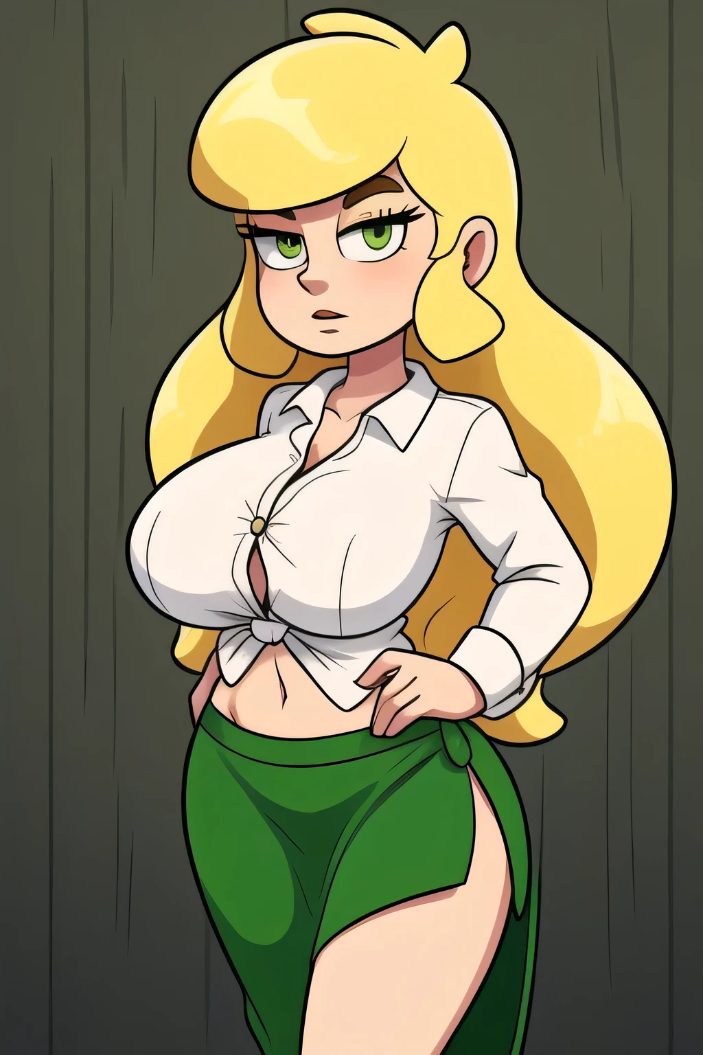 A tall beautiful girl, huge chest, wavy yellow hair, long green square eyes, dresses in a shirt with white buttons, a knot, unbuttoned, shows her navel and her long green skirt.