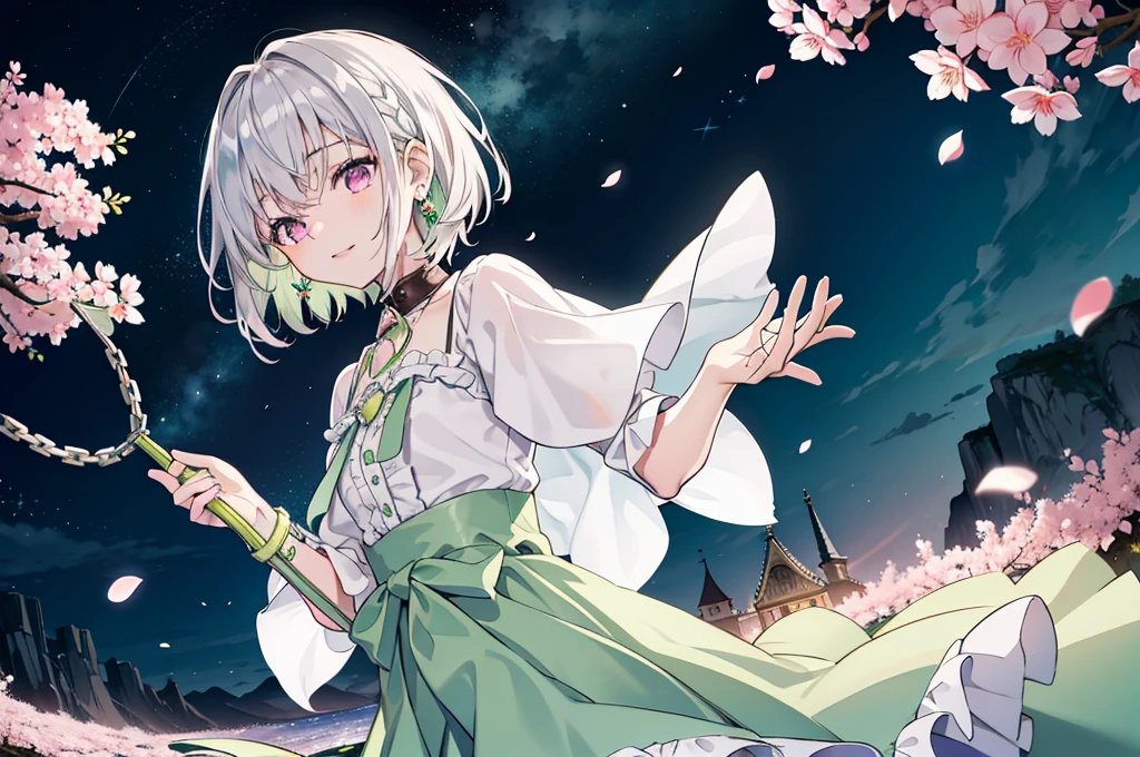 (best quality), (top-quality), (hight resolution), 8K images, (masterpiece), ((perfect face)), (detailed face), (detailed eyes), (clear lines), hair strand,Light skin, ((1girl)), (solo), beautiful fantasy anime, top rated on pixiv, ((short hair)), (expressive eyes), (perfect eyes), (((light_pink eyes))), perfect face, smiling, (white silver hair), (white hair), braided bangs, wind blowing hair, hair over eyes, earrings, {{{{{{{super flat chest}}}}}}}, {{{{{{{flat chest}}}}}}}, (flat chest), ((holding magic silver chains)), (aiming), (little silver tiara), (((lime green collar shirt))), (((lime green outfit))), ((lime cape)), (lime frilly outfit), (a lot of frilly), (lime lolita style), (lolita fashion), (cherry blossom storm), (many crystals), vintage style, (broken crystals), (in a gemstone sea), (night sky with full of stars), (magic circles), game spash art, fantasy, modern art, cool light --ar 3:2, (wide shot), excited pose, magic silver chains around