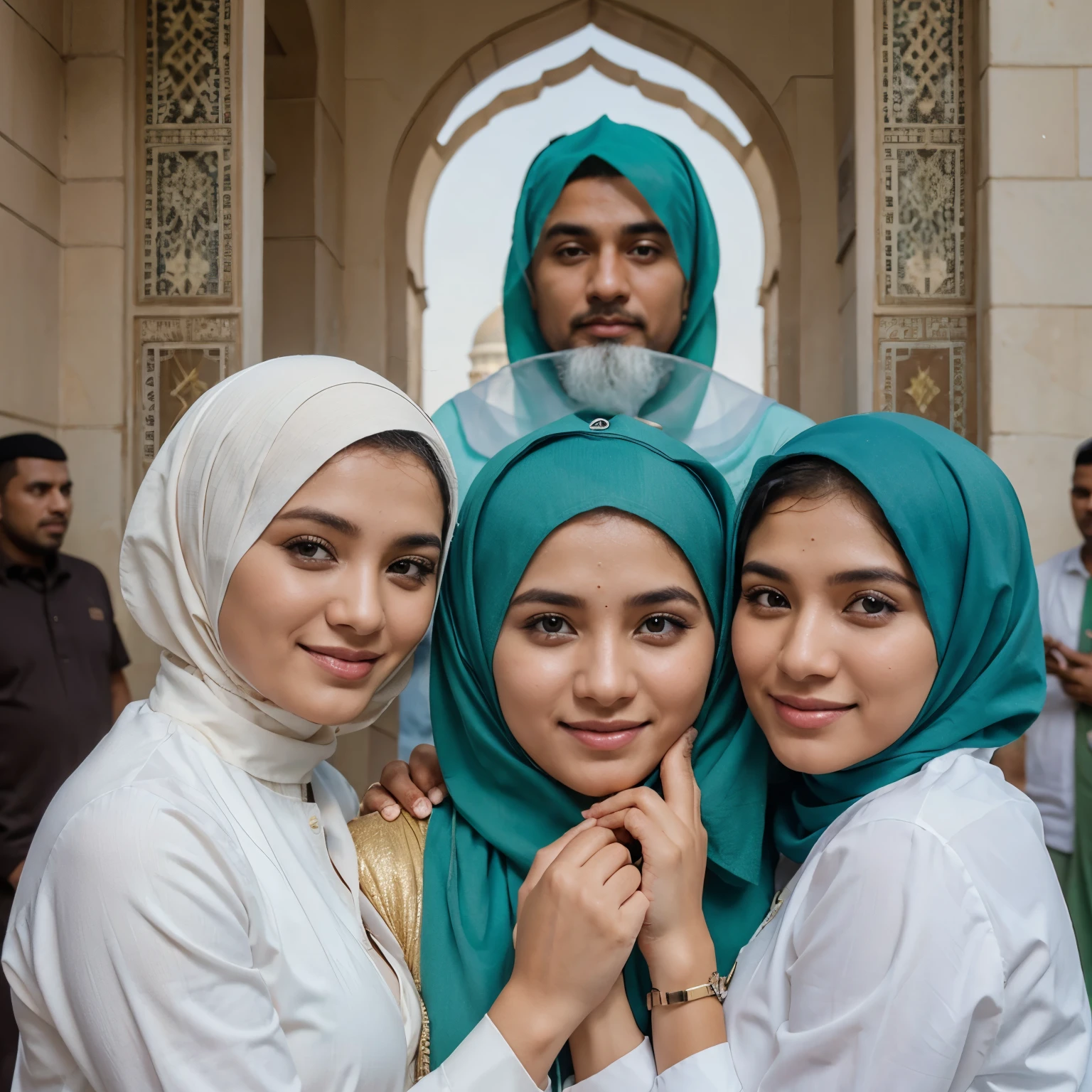 Two beautiful nude Muslim girls fit bodies, kissing during hajj, nude, vagina, legs open, kaaba, smile, cum covered faces