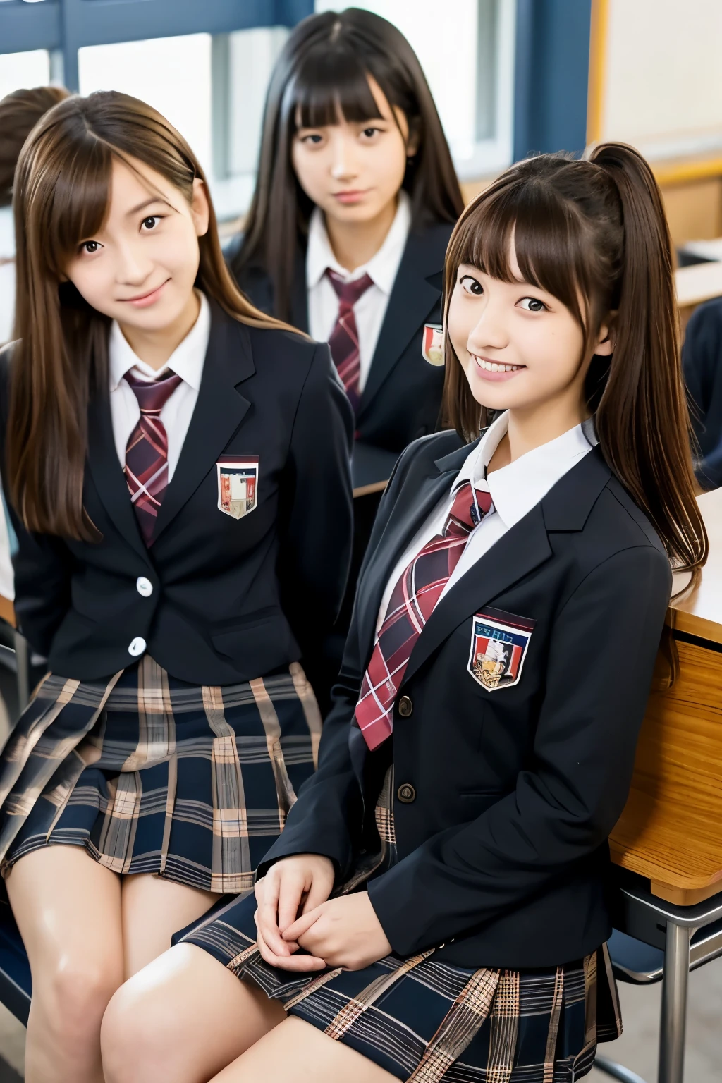 Photorealistic taste、Japanese high school girls 、Three people are sitting around a desk.、(The first one has black hair、medium long hair、blazer uniform、tie、plaid skirt)、(The second one has brown hair、short hair、blazer uniform、tie、plaid skirt)、(The third person has dark brown hair.、medium long hair、Piercing1One in each ear、blazer uniform、tie、plaid skirt)、The background is an after-school classroom at a high school in Tokyo.、The time zone is15About time、Sitting on a chair in the classroom、Smiling and talking with a female friend、The gaze is not straight ahead、Talking with friends(highest quality)