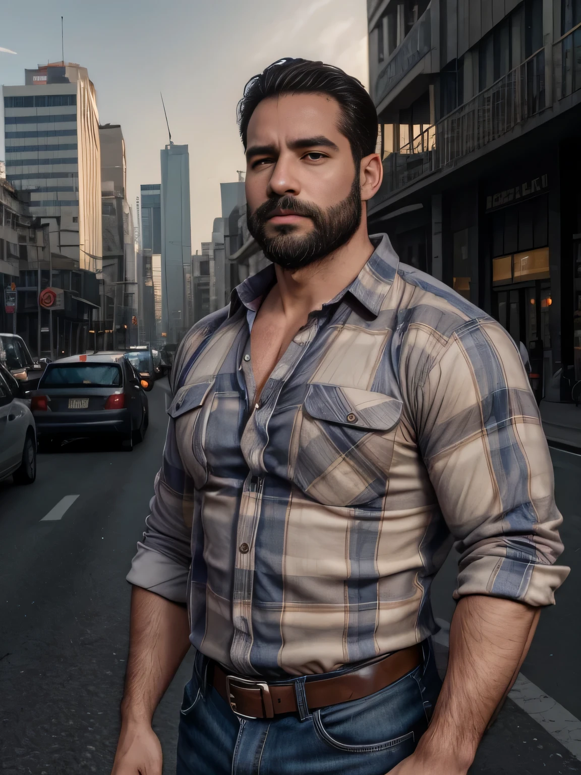 obra maestra, Mejor calidad, high resolution, Retrato de primer plano, (1 chico:1.4) A man in a lumberjack suit, muscular, (con camisa: 1.2) enfoque masculino, enfocarse solo, piel bronceada, 38-year-old man dressed as a lumberjack., muscular, fuerte, peludo, Masculino, (descamisado: 1.2), al fondo una ciudad, in a city with a lot of traffic and pollution, amazing composition, Vista frontal, HDR, volumetric lighting, (plano general, desde el frente:1.2) (GS-Macho :1.5) (magnificent landscape:1.2)