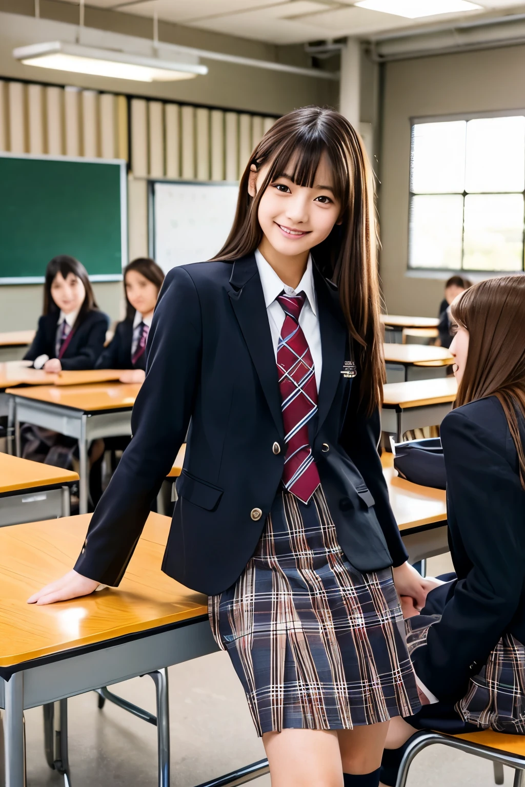 Photorealistic taste、Japanese high school girls 、Three people are sitting around a desk.、(The first one has black hair、medium long hair、blazer uniform、tie、plaid skirt)、(The second one has brown hair、short hair、blazer uniform、tie、plaid skirt)、(The third person has dark brown hair.、medium long hair、Piercing1One in each ear、blazer uniform、tie、plaid skirt)、The background is an after-school classroom at a high school in Tokyo.、The time zone is15About time、Sitting on a chair in the classroom、Smiling and talking with a female friend、The gaze is not straight ahead、Talking with friends(highest quality)
