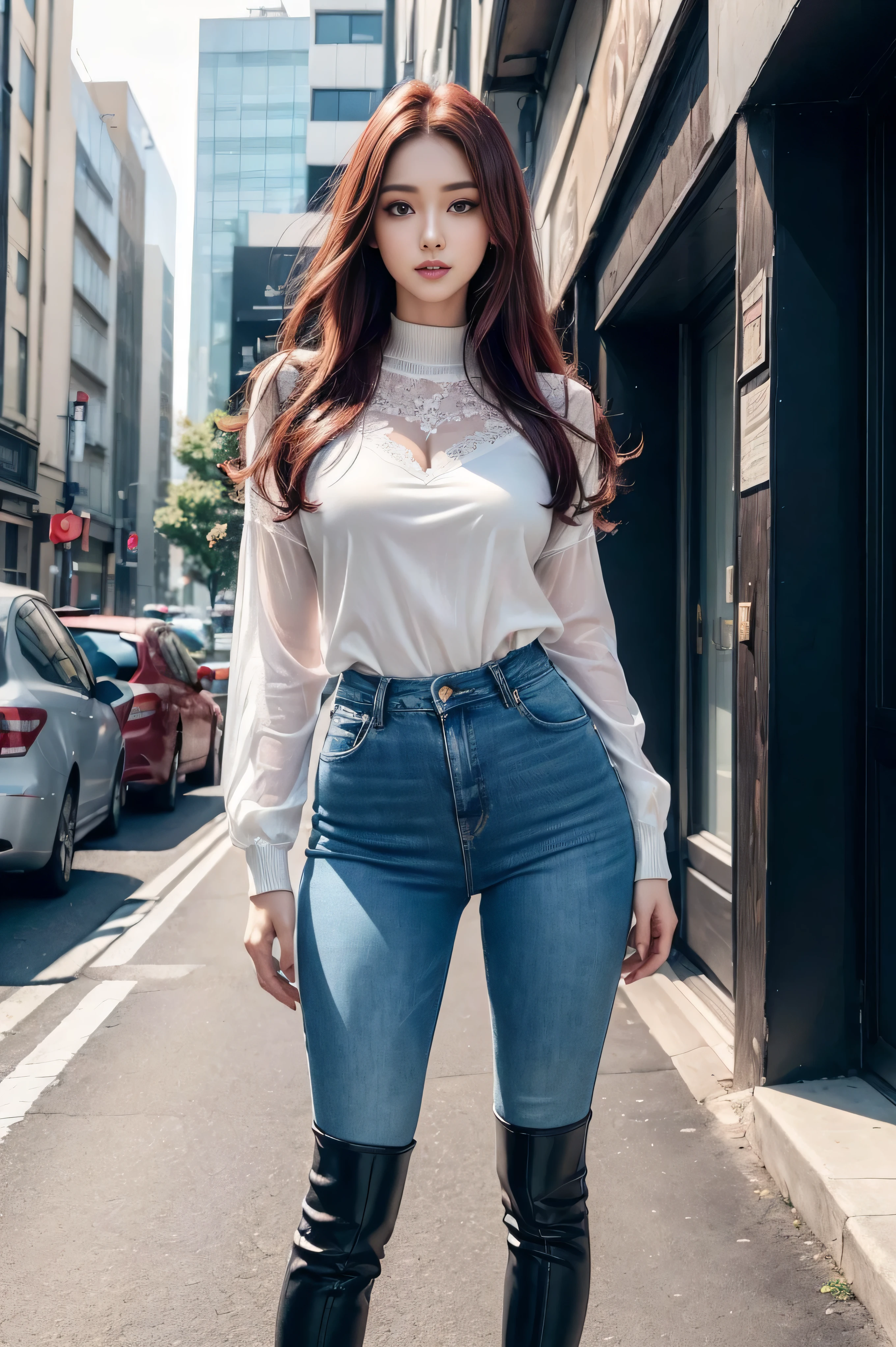 ((Realistic lighting, best quality, 8K, masterpiece:1.3)), lock focus:1.2, Beautiful woman with perfect figure:1.4, 3 beautiful Korean girls, kpop idol,Leg length,(pale skin), (big eyes),(Smile:0.8),(plump sexy lips), complex and detailed face, ((Super delicate skin)),delicate face,Super thin face,narrow eyes,double eyelids,((dark red hair)), (white lace underwear:1.4),Background Shibuya streets,Large depth of field,Super thin face,narrow eyes,double eyelids,(start from below:1.attitude,(Medium chest:1.2),Sexy long legs, (thigh gap:1.5),wide hips,S-shaped body, Buttocks raised,Leg length,Light blue skinny jeans,Full body proportion shot from the front,Long over-the-knee leather boots,