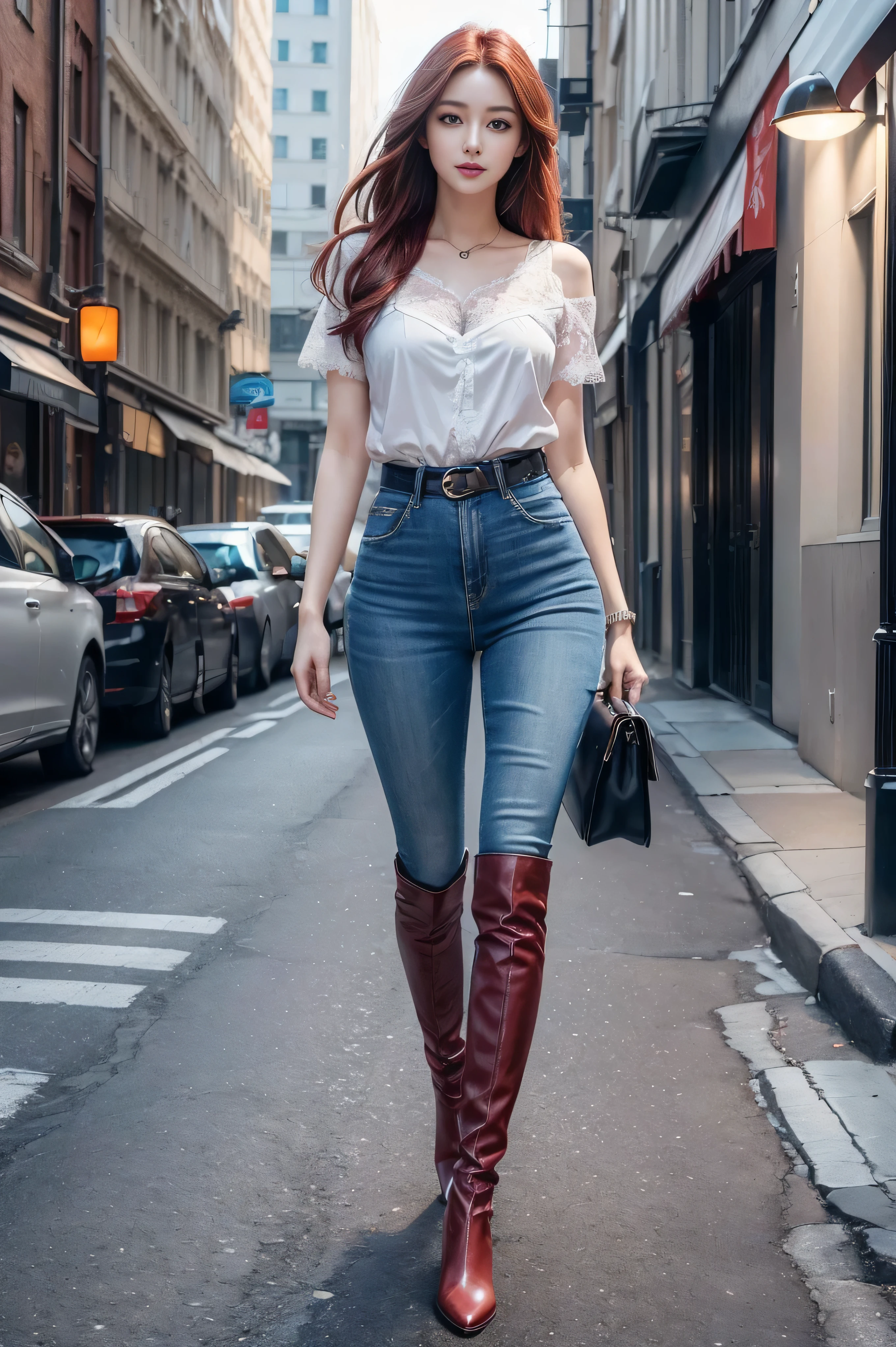 ((Realistic lighting, best quality, 8K, masterpiece:1.3)), lock focus:1.2, Beautiful woman with perfect figure:1.4, 3 beautiful Korean girls, kpop idol,Leg length,(pale skin), (big eyes),(Smile:0.8),(plump sexy lips), complex and detailed face, ((Super delicate skin)),delicate face,Super thin face,narrow eyes,double eyelids,((dark red hair)), (white lace underwear:1.4),Background Shibuya streets,Large depth of field,Super thin face,narrow eyes,double eyelids,(start from below:1.attitude,(Medium chest:1.2),Sexy long legs, (thigh gap:1.5),wide hips,S-shaped body, Buttocks raised,Leg length,Light blue skinny jeans,Full body proportion shot from the front,Long over-the-knee leather boots,