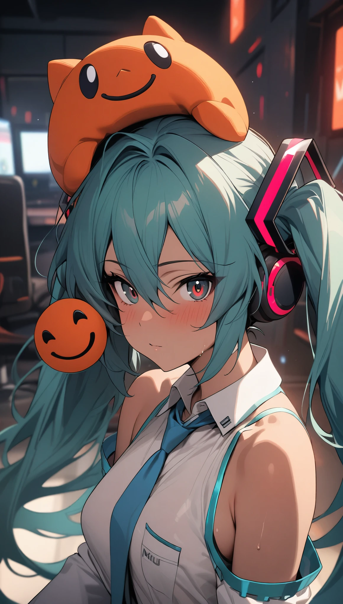 masterpiece, Hatsune Miku, White shirt, blue tie, bare shoulders, separate sleeves, Smiley face, dark skin, Red eyes, black eyes, Pupil Orange,