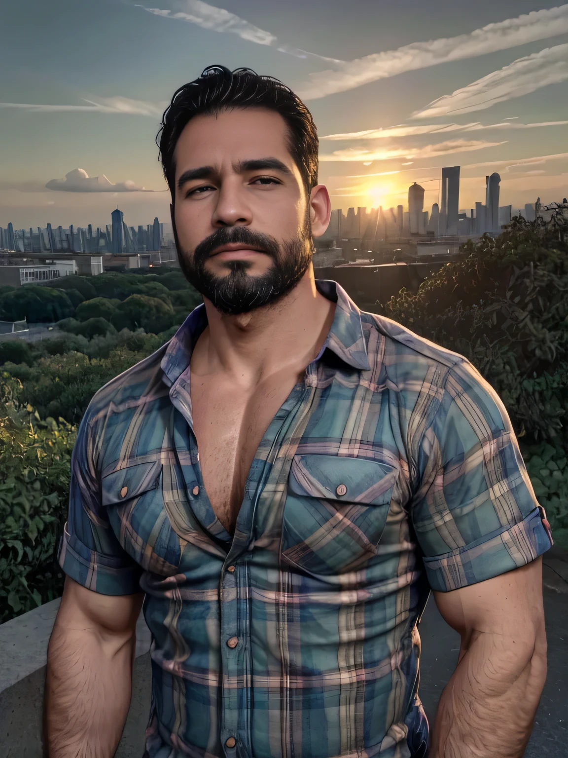 obra maestra, Mejor calidad, high resolution, Retrato de primer plano, (1 chico:1.4) A man in a lumberjack suit, muscular, (con camisa: 1.2) enfoque masculino, enfocarse solo, piel bronceada, 38-year-old man dressed as a lumberjack., muscular, fuerte, peludo, Masculino, (descamisado: 1.2), al fondo una ciudad, in a city with a lot of traffic and pollution, amazing composition, Vista frontal, HDR, volumetric lighting, (plano general, desde el frente:1.2) (GS-Macho :1.5) (magnificent landscape:1.2)