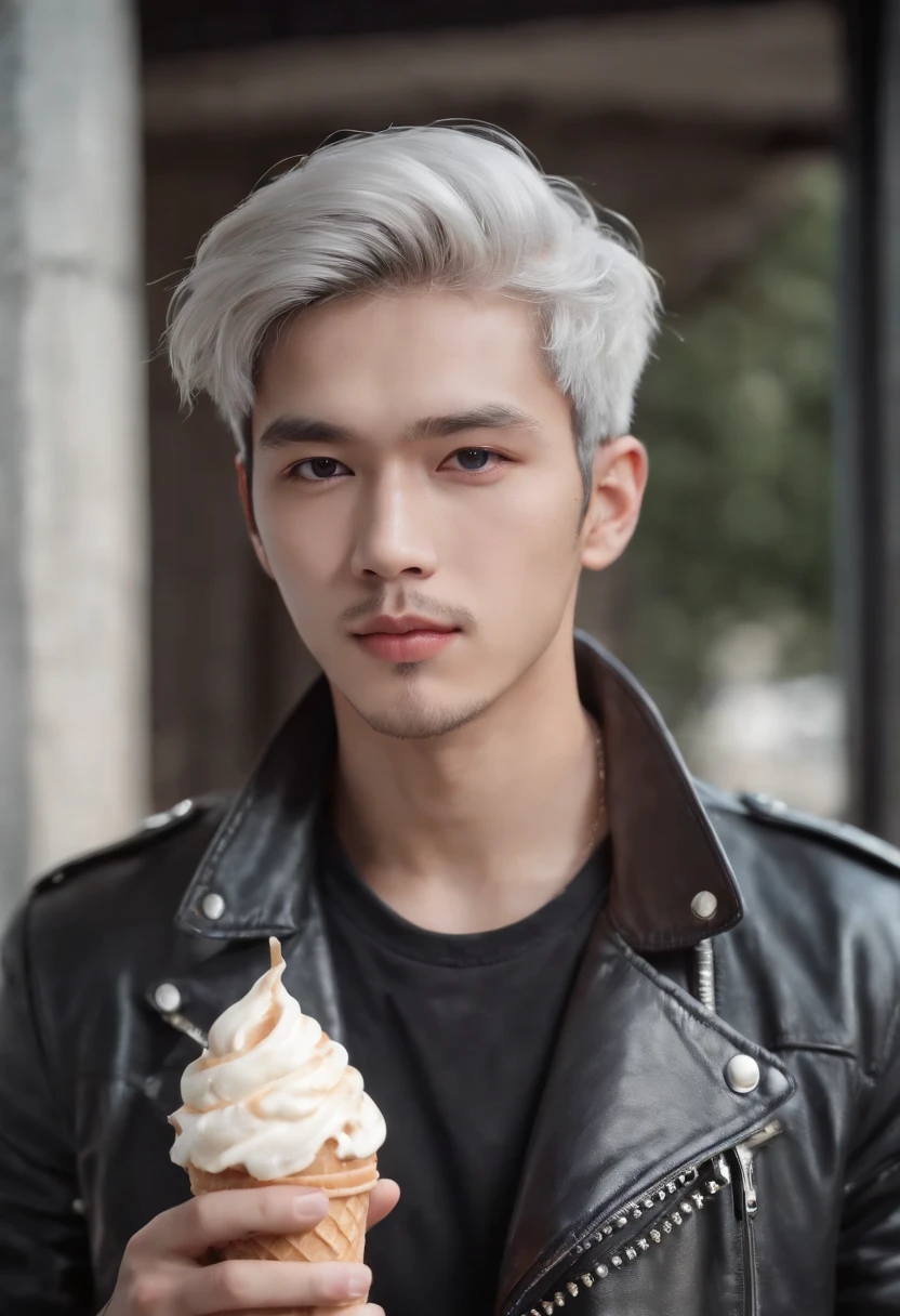 Handsome young man in a leather jacket, Wearing a cap, With silver hair, holding ice cream, Silver messy hair, Handsome, sexy and masculine beauty, some beards, Repair cars with very cool poses, Super Detailed Face, (8K, Raw photo, Photorealistic:1.25) ,( lipgloss, Eyelashes, man, gloss-face, Glossy skin, Dark skin, Darksob, Man's, Best Quality, 超A high resolution, A young man, depth of fields, chromatic abberation, Caustics, Broad lighting, Natural Shading, Kpop Idol) Watch viewers with calm and godlike happiness,
