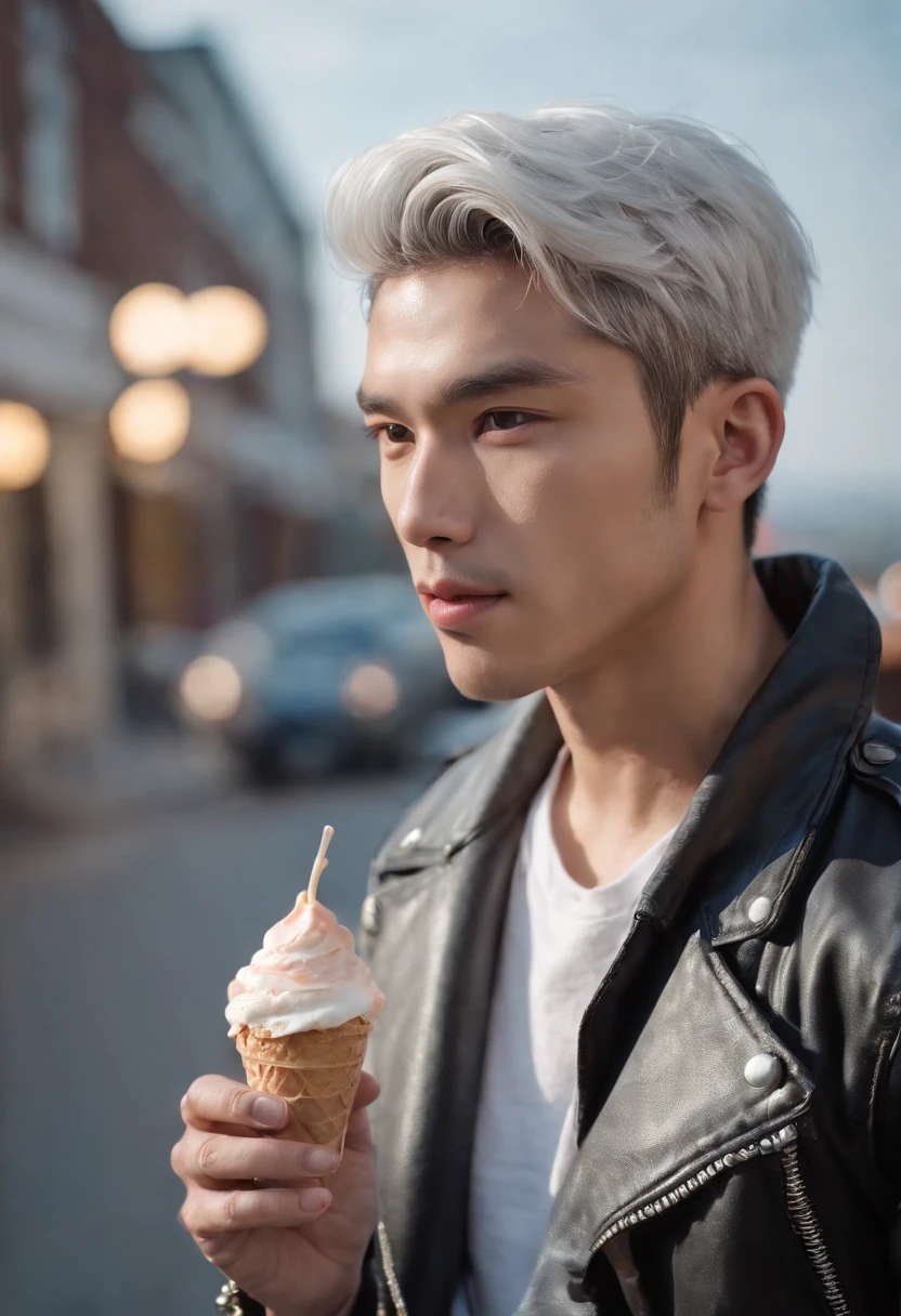 Handsome young man in a leather jacket, Wearing a cap, With silver hair, holding ice cream, Silver messy hair, Handsome, sexy and masculine beauty, some beards, Repair cars with very cool poses, Super Detailed Face, (8K, Raw photo, Photorealistic:1.25) ,( lipgloss, Eyelashes, man, gloss-face, Glossy skin, Dark skin, Darksob, Man's, Best Quality, 超A high resolution, A young man, depth of fields, chromatic abberation, Caustics, Broad lighting, Natural Shading, Kpop Idol) Watch viewers with calm and godlike happiness,