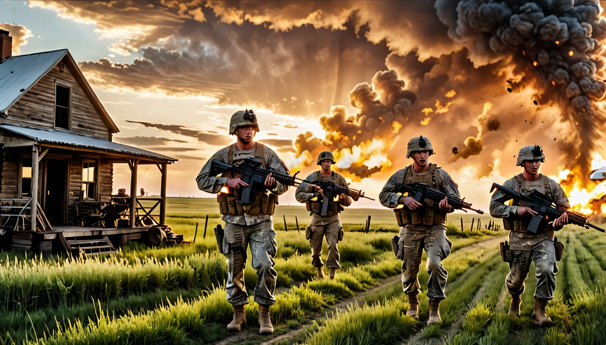 epic battle scene, north dakota backdrop, three us soldiers with assault rifles prepare to ambush inside the farmhouse, sunset, danger atmosphere 