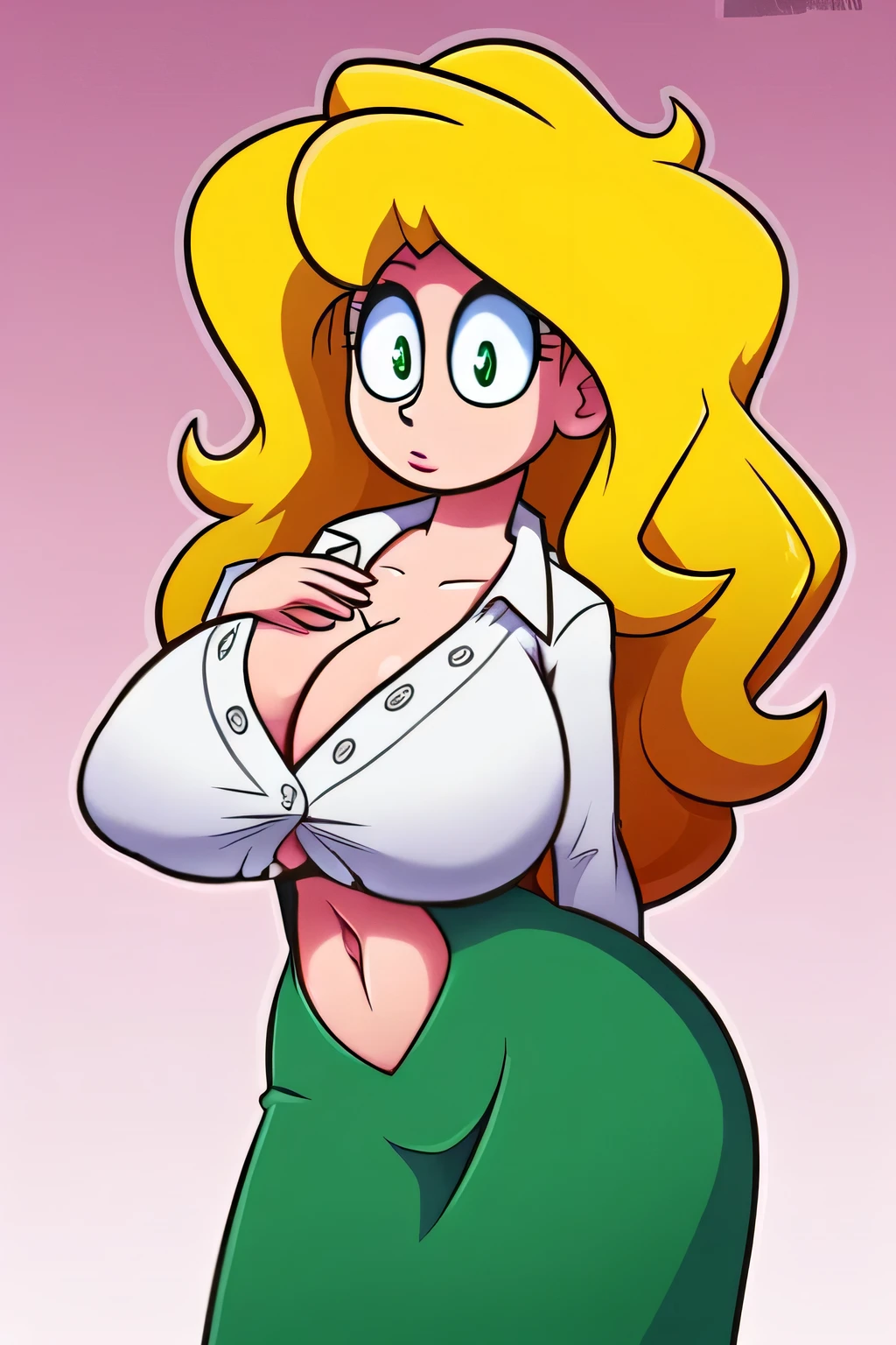 A tall beautiful girl, huge chest, wavy yellow hair, long green square eyes, dresses in a shirt with white buttons, a knot, unbuttoned, shows her navel and her long green skirt.