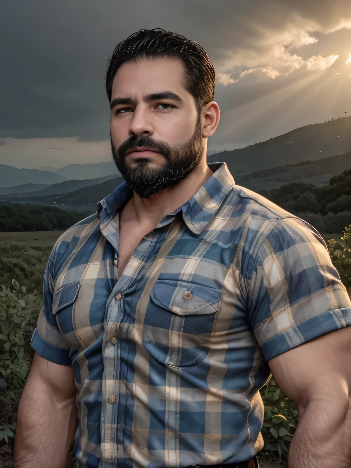 obra maestra, Mejor calidad, high resolution, Retrato de primer plano, (1 chico:1.4) A man in a lumberjack suit, muscular, (con camisa: 1.2) enfoque masculino, enfocarse solo, piel bronceada, 38-year-old man dressed as a lumberjack., muscular, fuerte, peludo, Masculino, (descamisado: 1.2), al fondo una ciudad, in a city with a lot of traffic and pollution, amazing composition, Vista frontal, HDR, volumetric lighting, (plano general, desde el frente:1.2) (GS-Macho :1.5) (magnificent landscape:1.2)