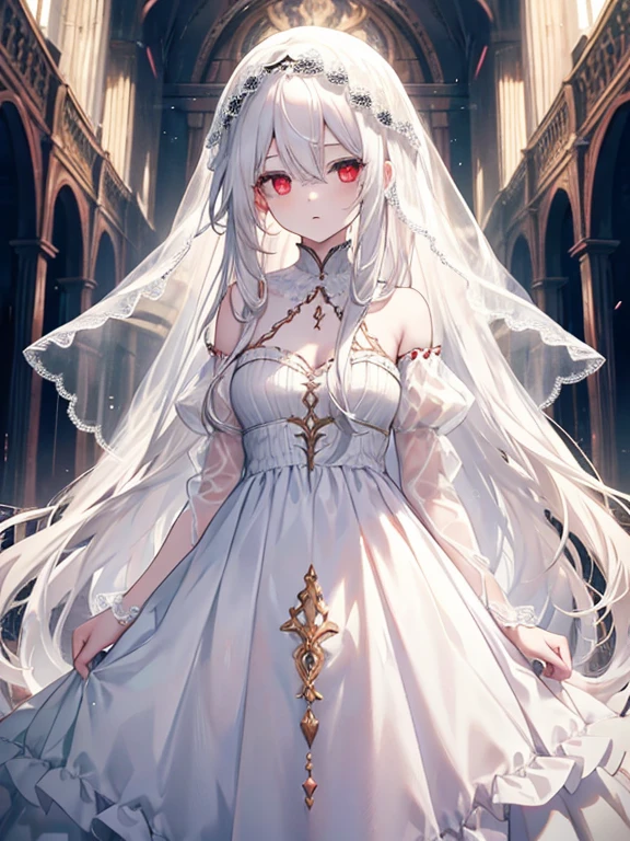 Young girl, long white hair, messy hair, red eyes, pale skin, revealing white dress, see-through dress, veil, masterpiece, high quality, medium chest
