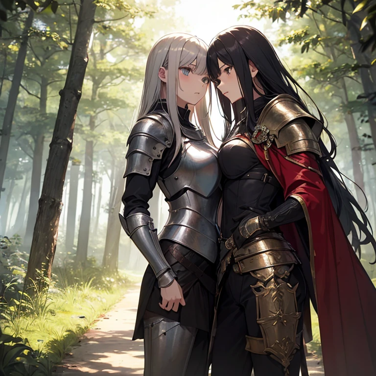 A group of female knight, (in forest), various hair styles, harem, wearing armored clothes, metal armor, night, details face, , trousers, seducing, sword,