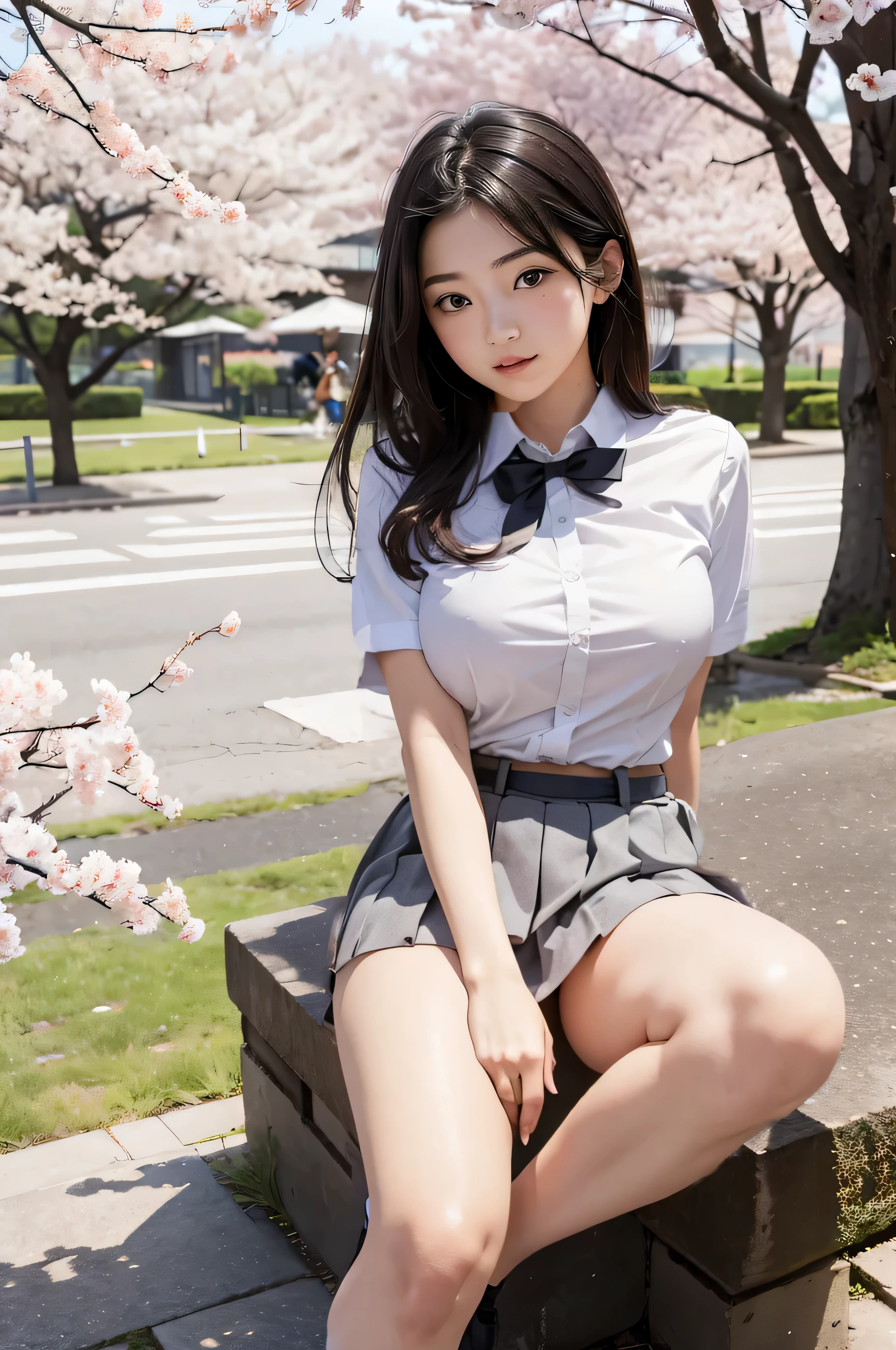 A little bit of her panties are visible through her uniform miniskirt、Busty high school girl wearing a dress shirt