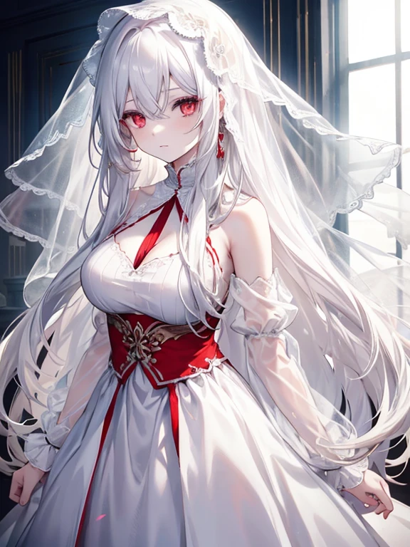 Young girl, long white hair, messy hair, red eyes, pale skin, revealing white dress, see-through dress, veil, masterpiece, high quality, big chest