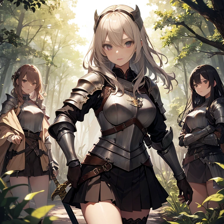 A group of  female knight, (in forest), various hair styles, harem, wearing armored clothes, metal armor, night, details face, , short skirt, seducing, sword,